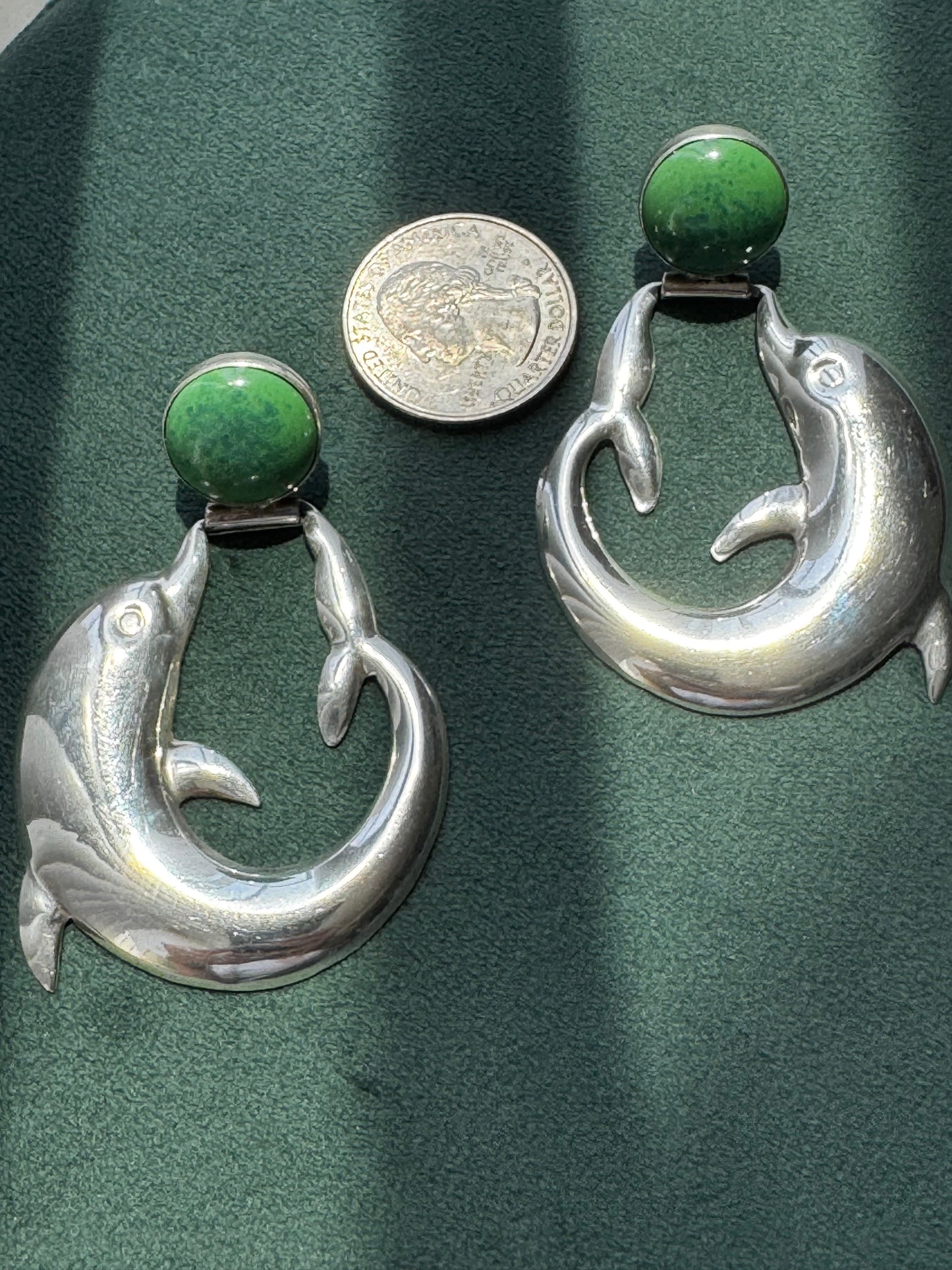Vintage Mexico Sterling Silver Dolphin Earrings Green Aventurine Cabochon Clip On Mermaid Life