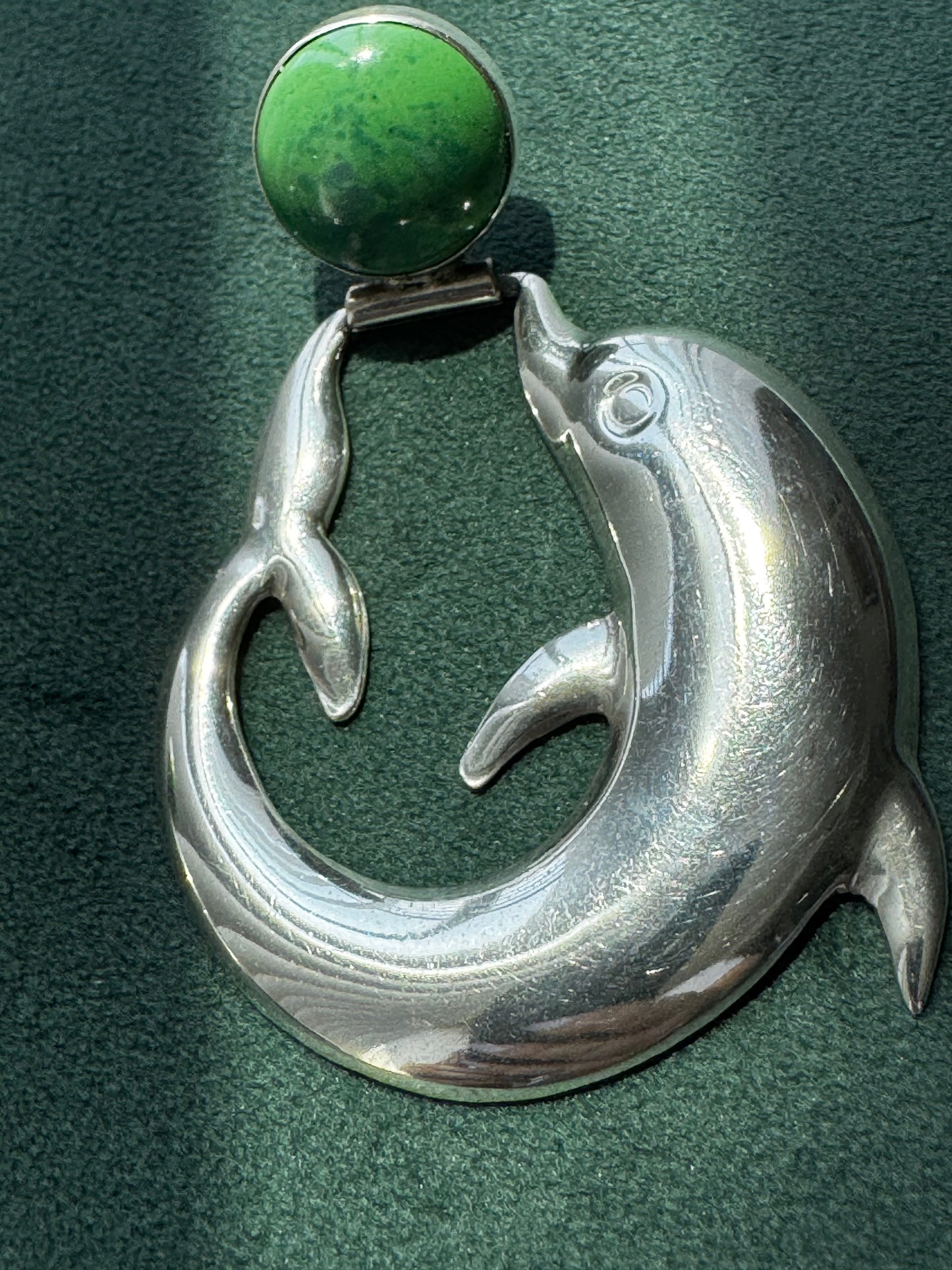 Vintage Mexico Sterling Silver Dolphin Earrings Green Aventurine Cabochon Clip On Mermaid Life