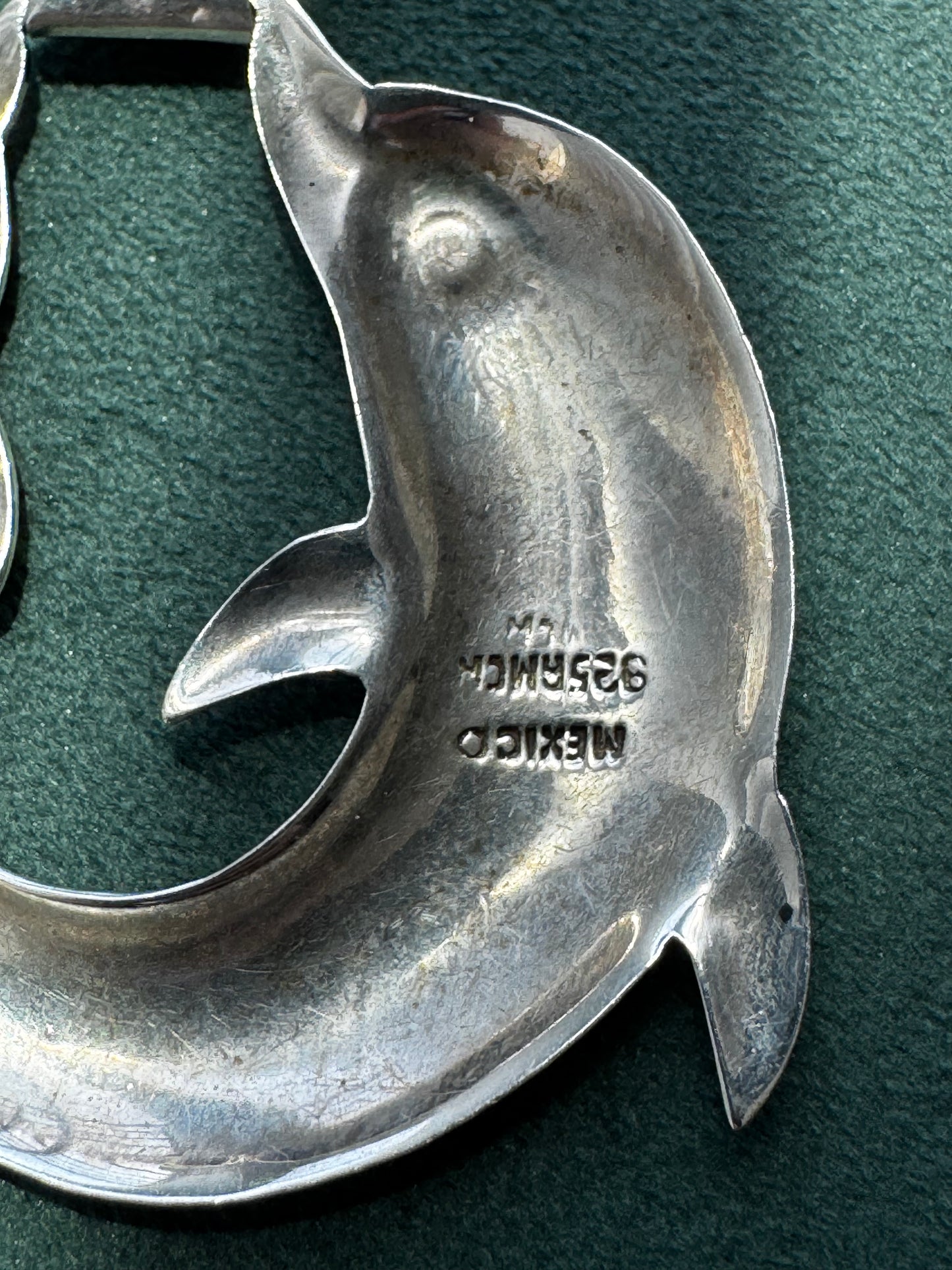 Vintage Mexico Sterling Silver Dolphin Earrings Green Aventurine Cabochon Clip On Mermaid Life