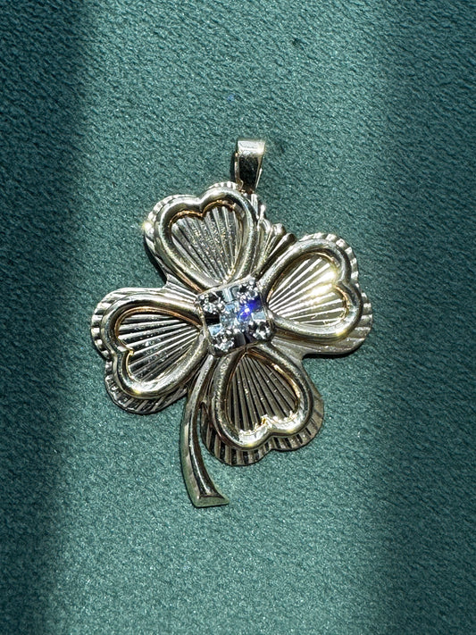 Estate Vintage Tyrrell 10K Yellow Gold Diamond Four Leaf Clover Pendant Engine Turned Heart Leaves 14K Bail