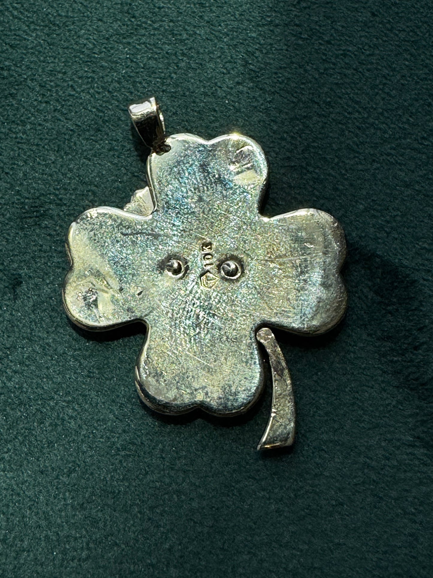 Estate Vintage Tyrrell 10K Yellow Gold Diamond Four Leaf Clover Pendant Engine Turned Heart Leaves 14K Bail