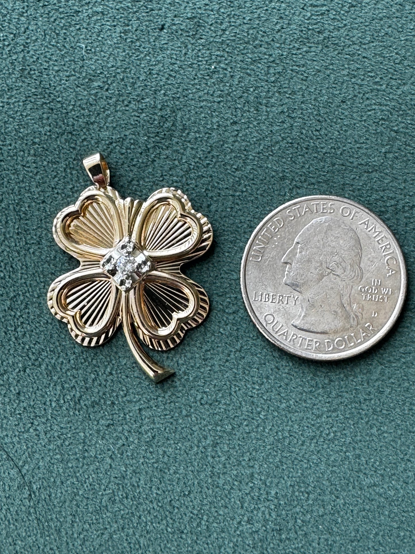 Estate Vintage Tyrrell 10K Yellow Gold Diamond Four Leaf Clover Pendant Engine Turned Heart Leaves 14K Bail