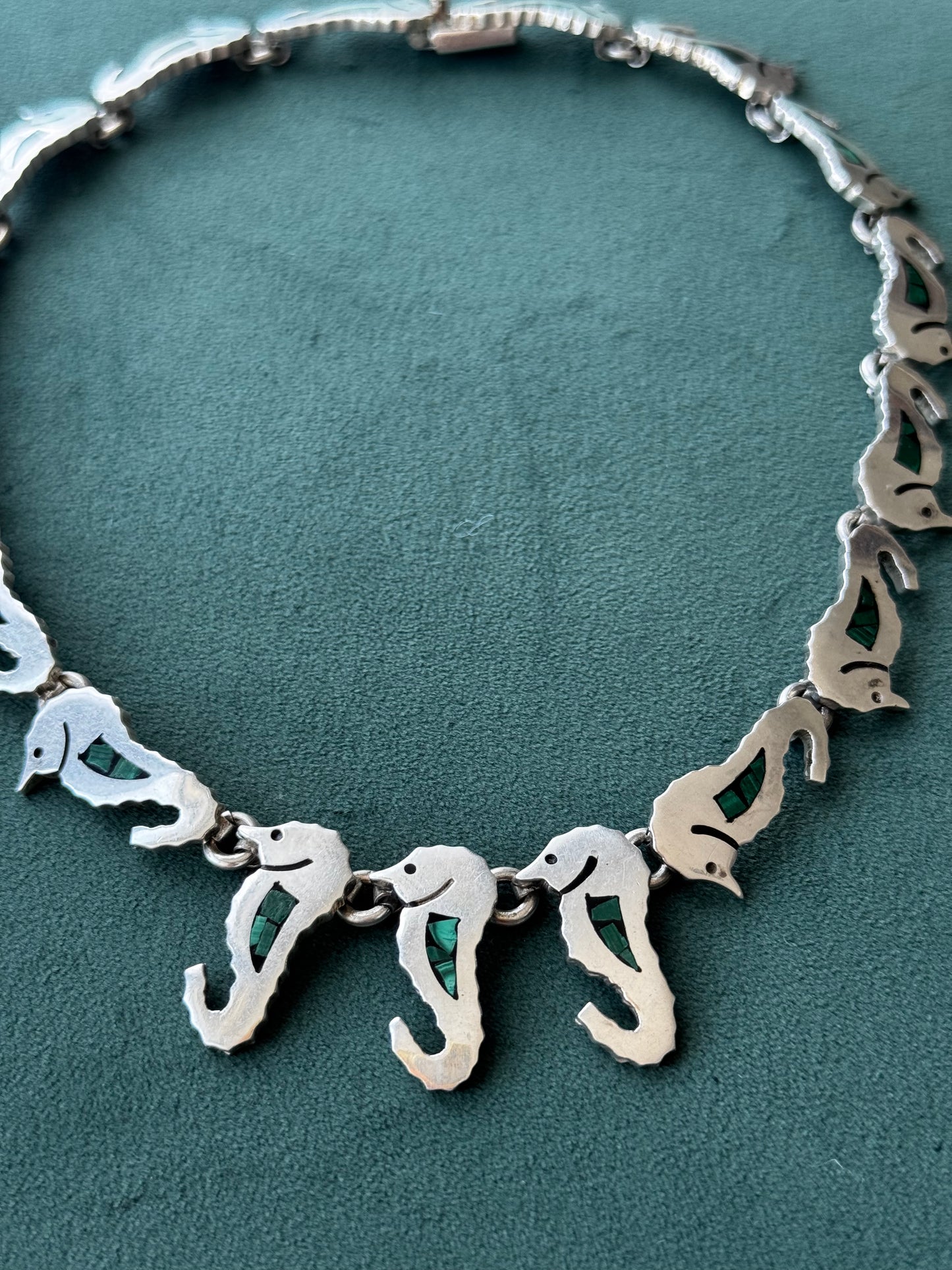 Vintage Mexico Sterling Silver Malachite Seahorse Link Necklace A Whole School of Them Swimming Right at Your Collarbone