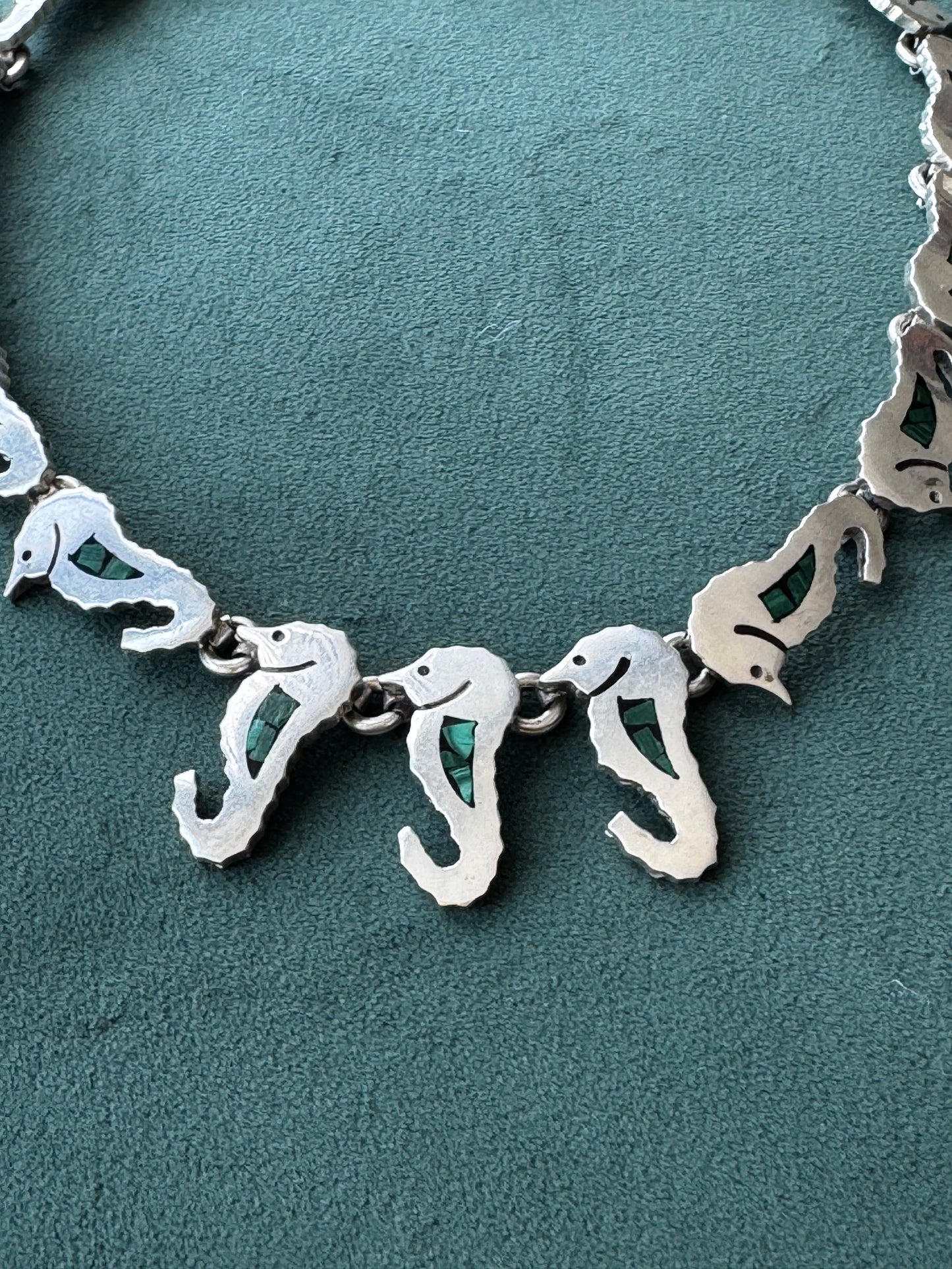 Vintage Mexico Sterling Silver Malachite Seahorse Link Necklace A Whole School of Them Swimming Right at Your Collarbone