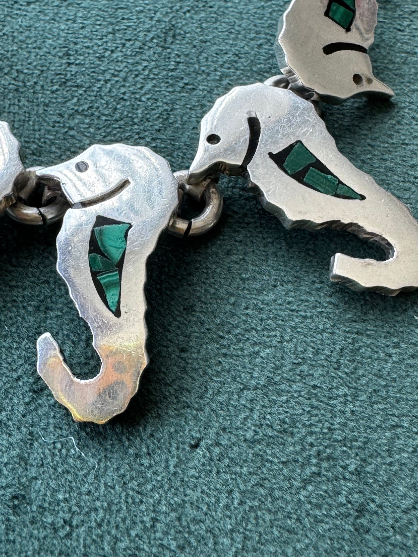 Vintage Mexico Sterling Silver Malachite Seahorse Link Necklace A Whole School of Them Swimming Right at Your Collarbone