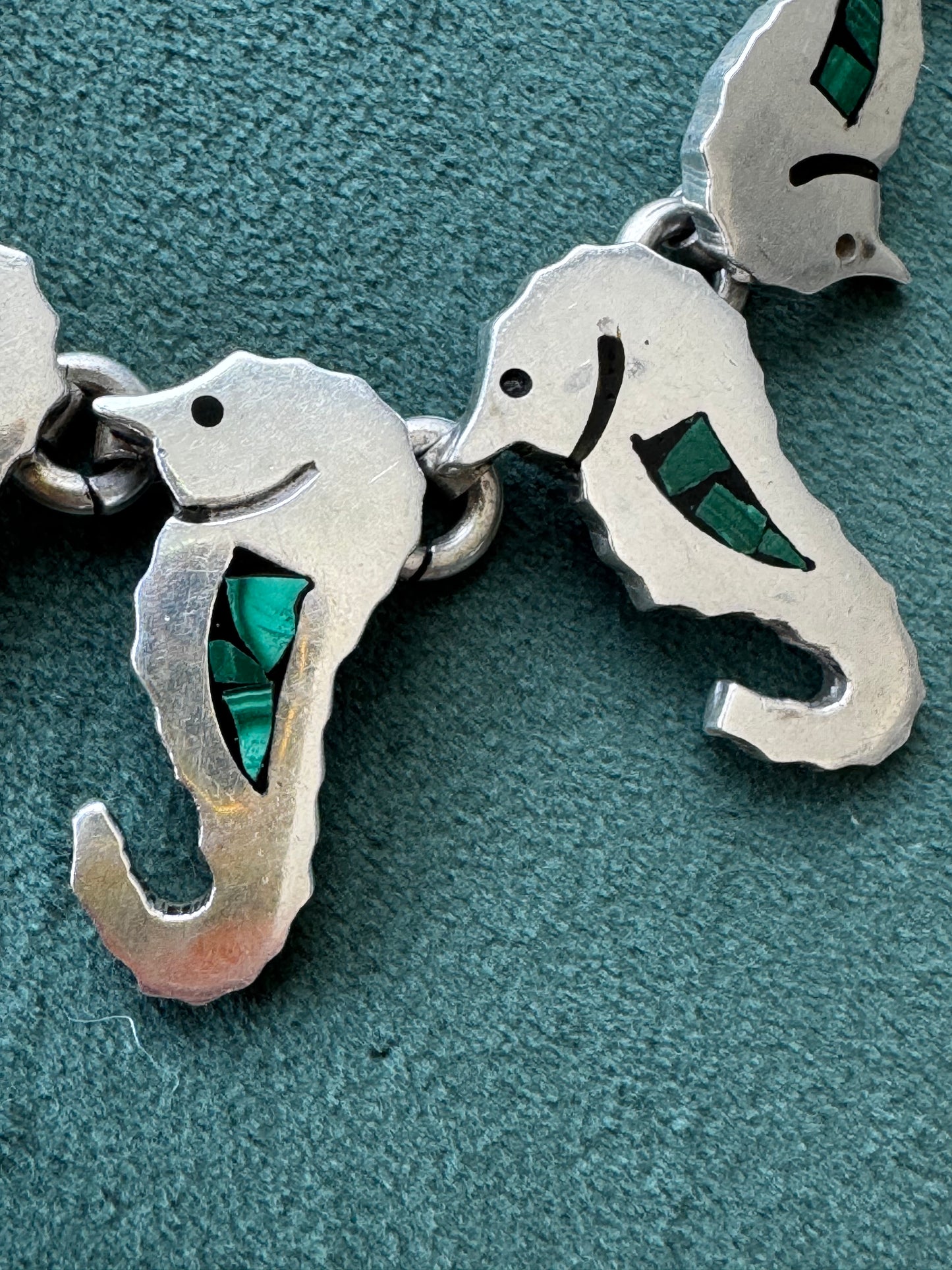 Vintage Mexico Sterling Silver Malachite Seahorse Link Necklace A Whole School of Them Swimming Right at Your Collarbone
