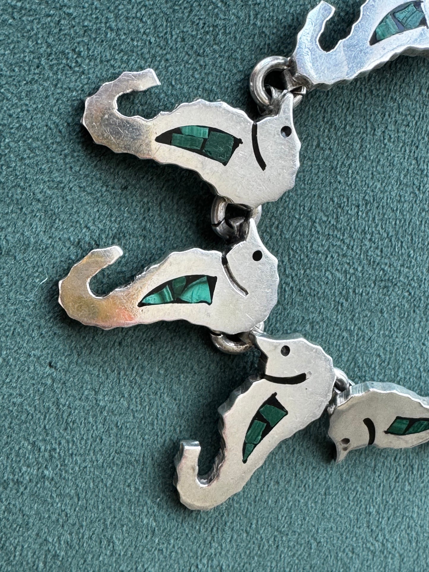 Vintage Mexico Sterling Silver Malachite Seahorse Link Necklace A Whole School of Them Swimming Right at Your Collarbone