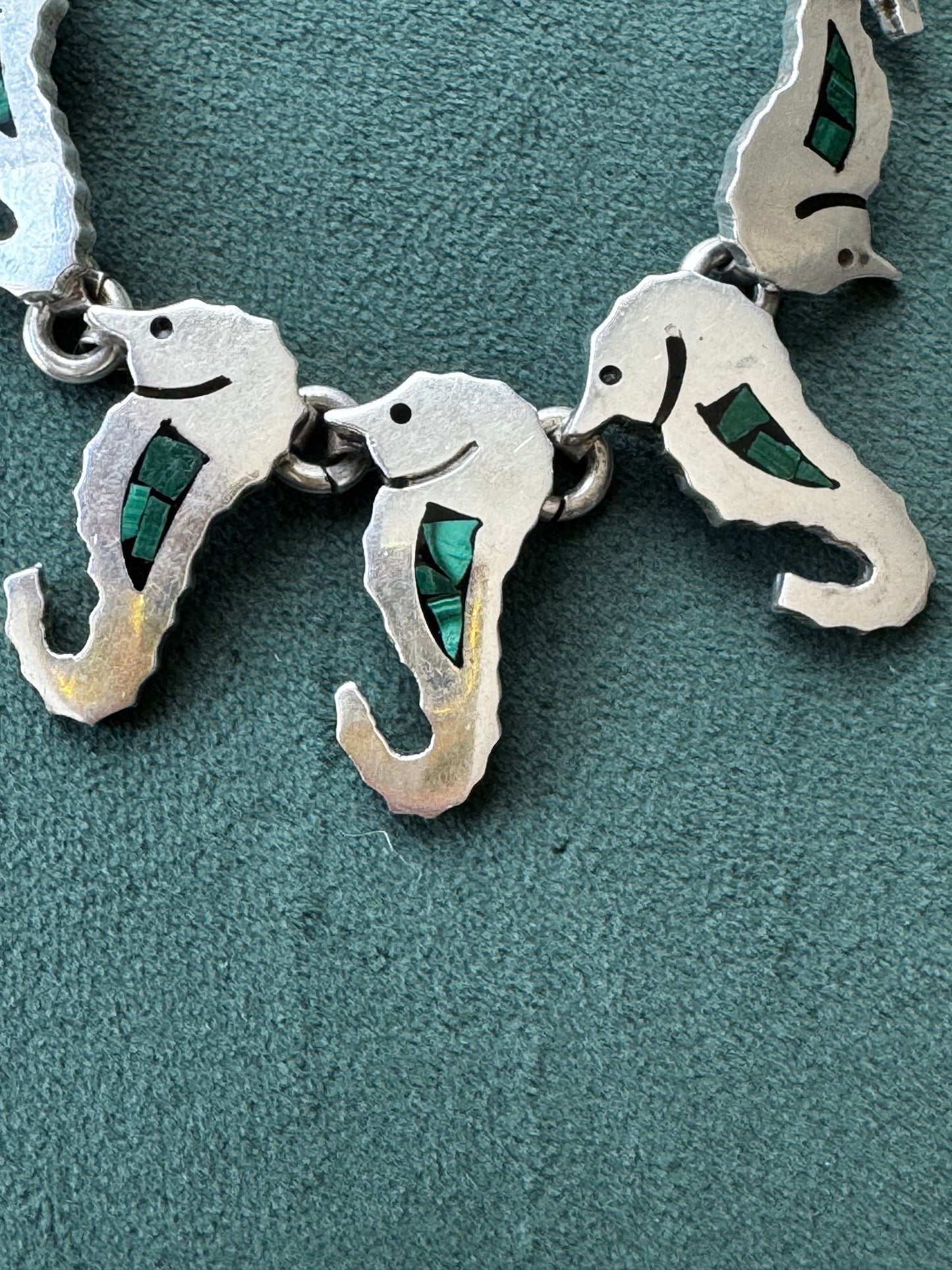 Vintage Mexico Sterling Silver Malachite Seahorse Link Necklace A Whole School of Them Swimming Right at Your Collarbone