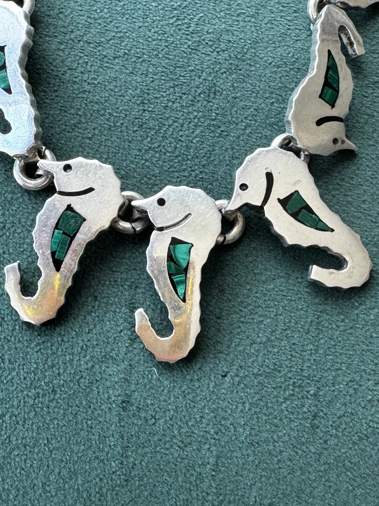 Vintage Mexico Sterling Silver Malachite Seahorse Link Necklace A Whole School of Them Swimming Right at Your Collarbone