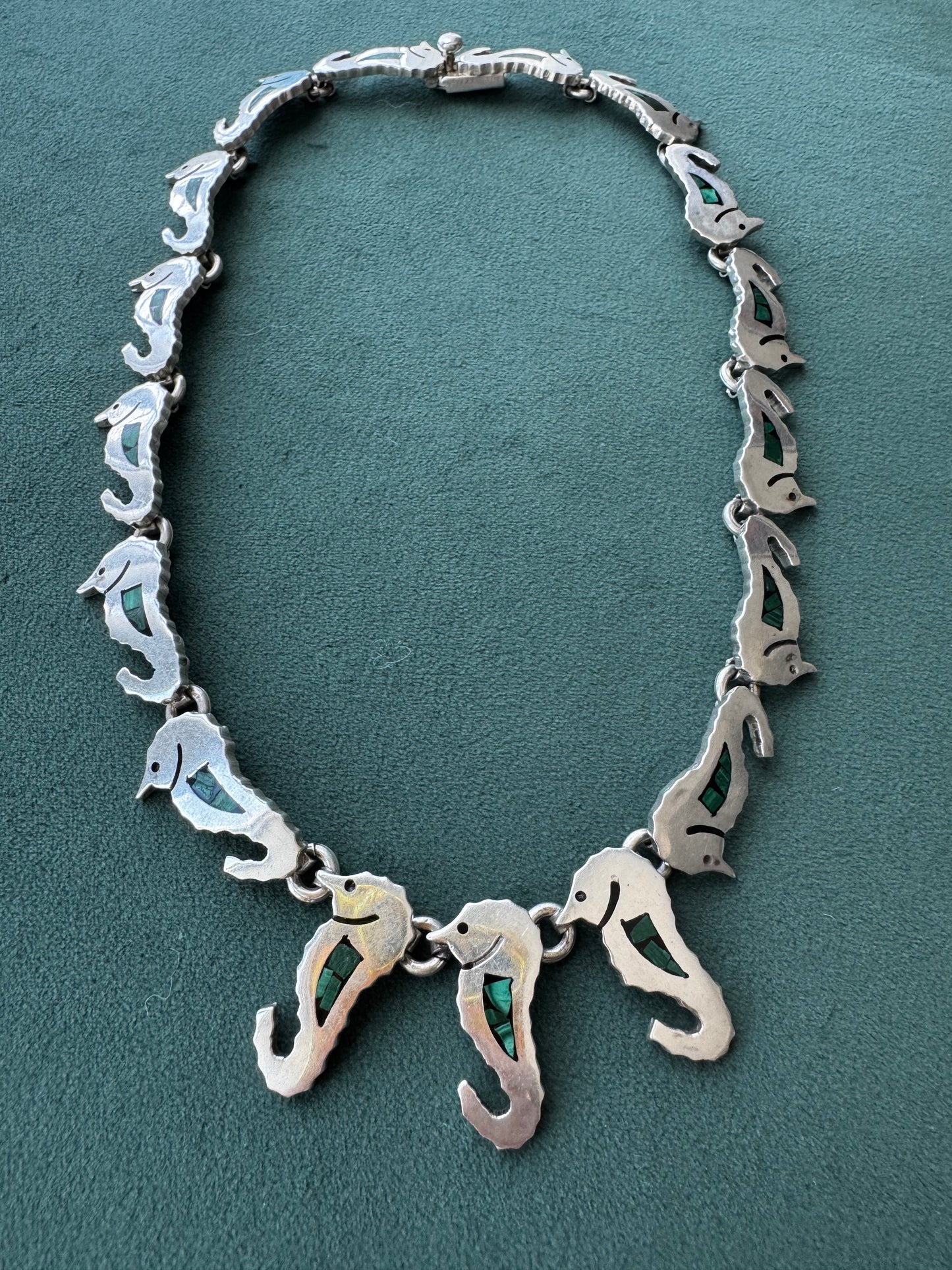 Vintage Mexico Sterling Silver Malachite Seahorse Link Necklace A Whole School of Them Swimming Right at Your Collarbone