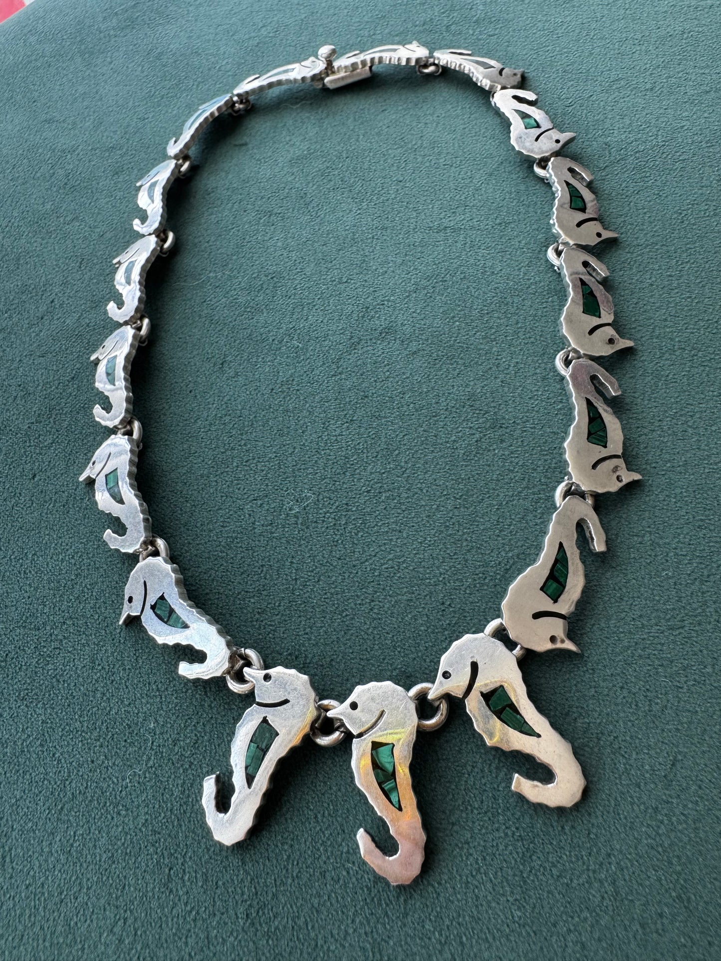 Vintage Mexico Sterling Silver Malachite Seahorse Link Necklace A Whole School of Them Swimming Right at Your Collarbone