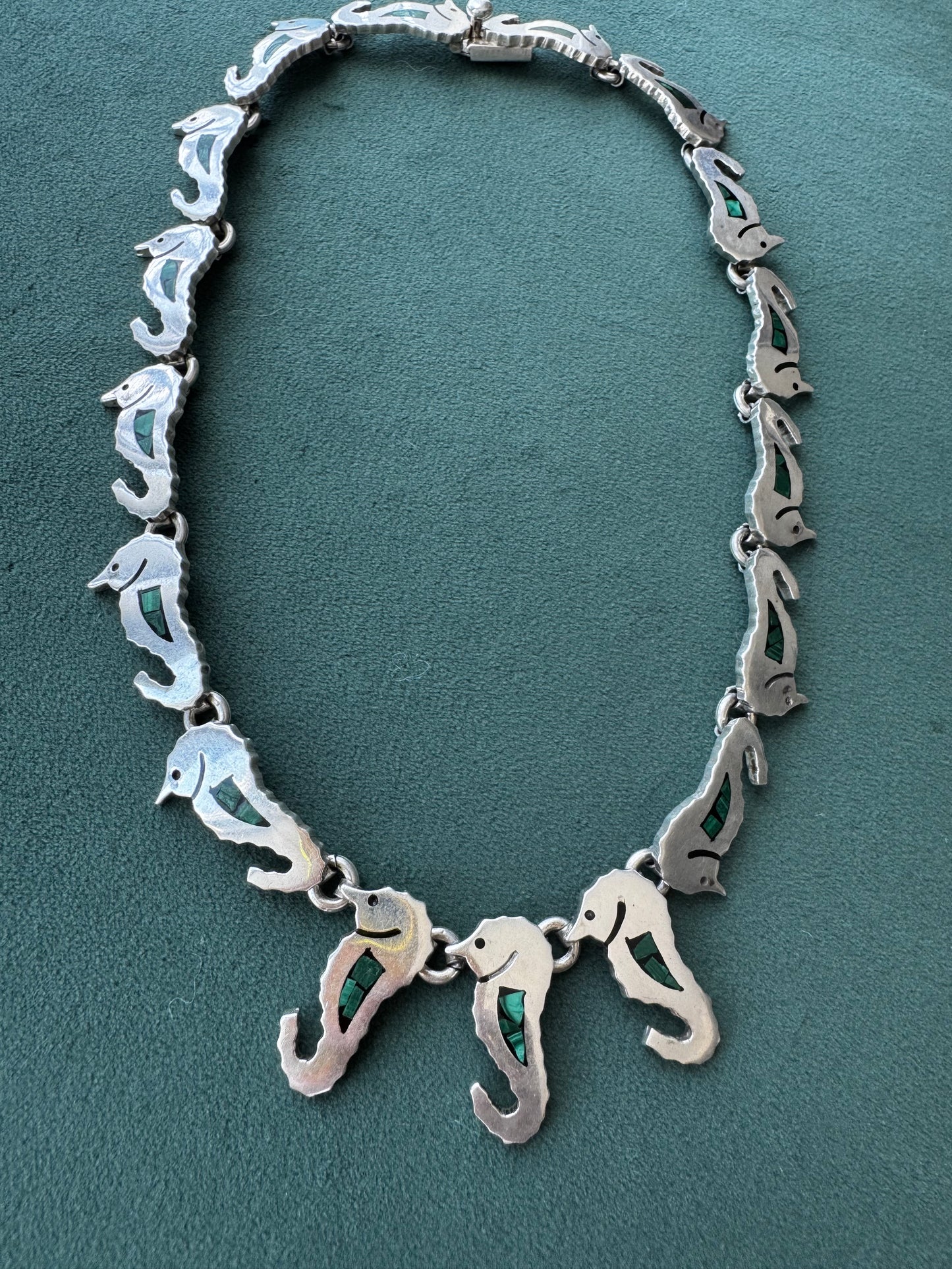 Vintage Mexico Sterling Silver Malachite Seahorse Link Necklace A Whole School of Them Swimming Right at Your Collarbone