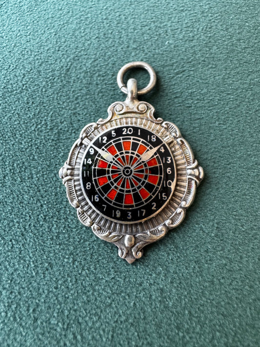 Estate Vintage 1945 Sterling Silver Enamel Dartboard Fob Medal Award Hammersmith Darts League Trophy With a Direct Line to a London Pub