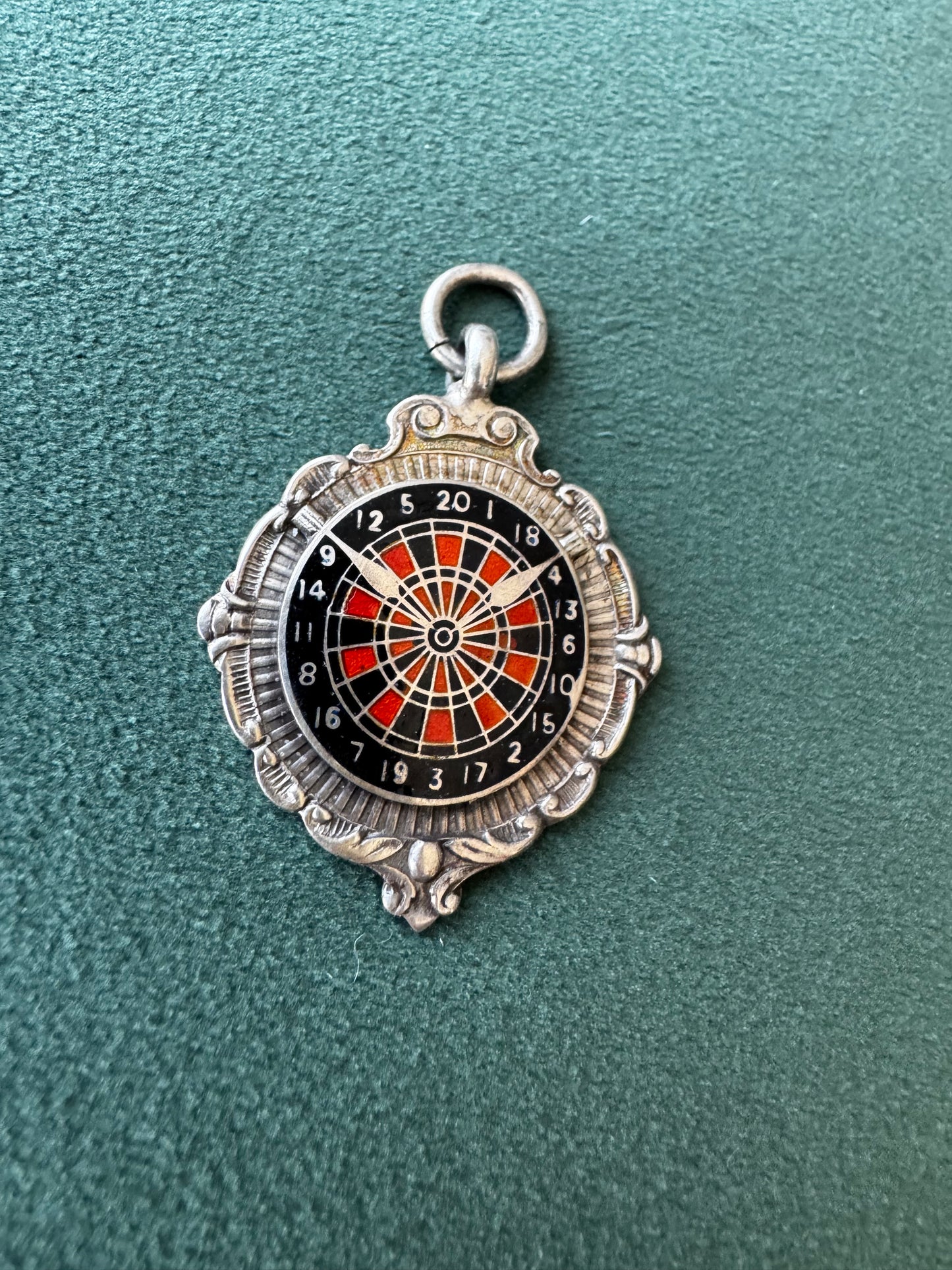 Estate Vintage 1945 Sterling Silver Enamel Dartboard Fob Medal Award Hammersmith Darts League Trophy With a Direct Line to a London Pub