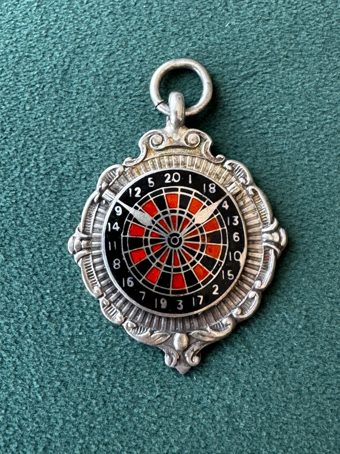 Estate Vintage 1945 Sterling Silver Enamel Dartboard Fob Medal Award Hammersmith Darts League Trophy With a Direct Line to a London Pub