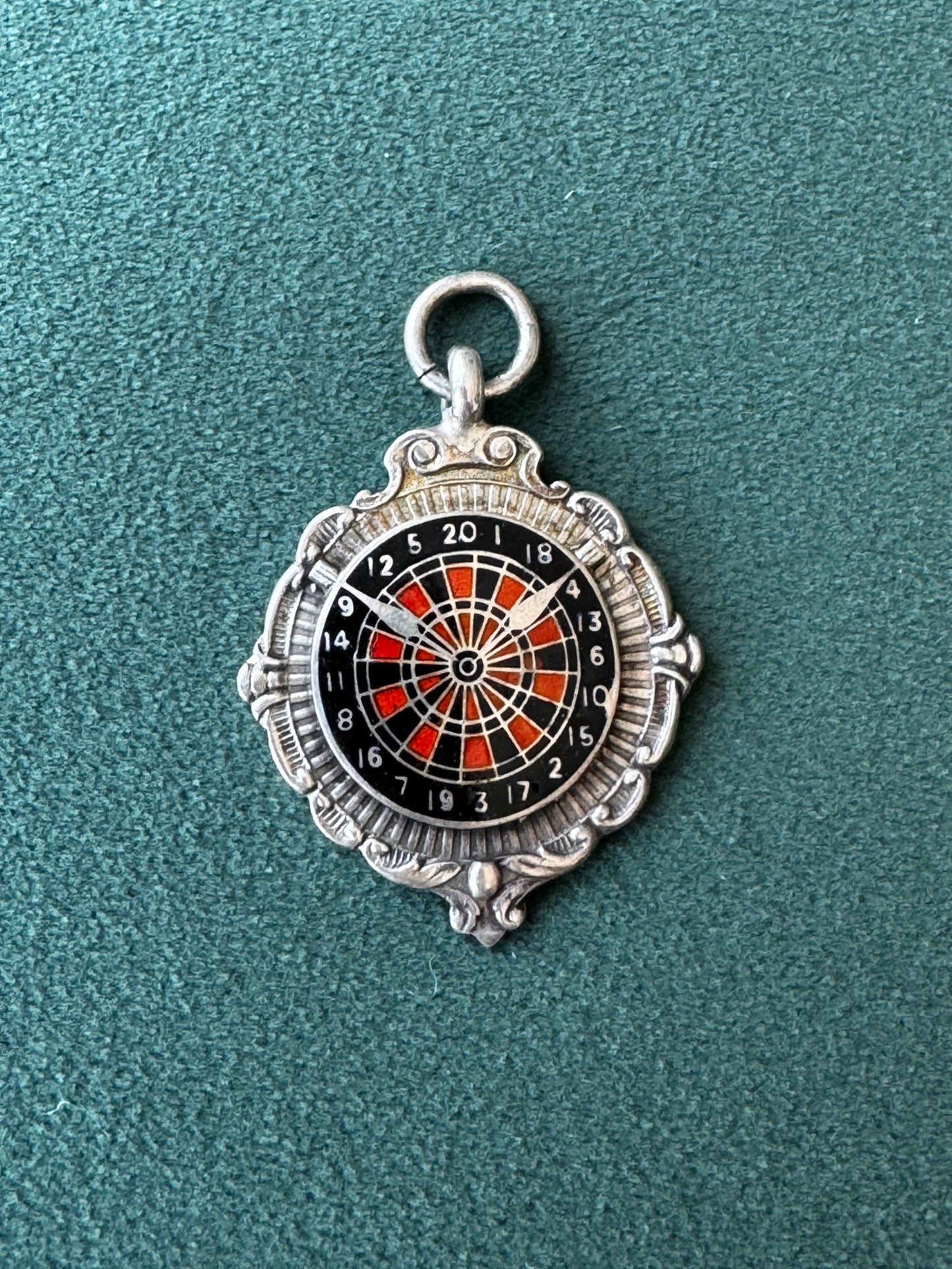 Estate Vintage 1945 Sterling Silver Enamel Dartboard Fob Medal Award Hammersmith Darts League Trophy With a Direct Line to a London Pub