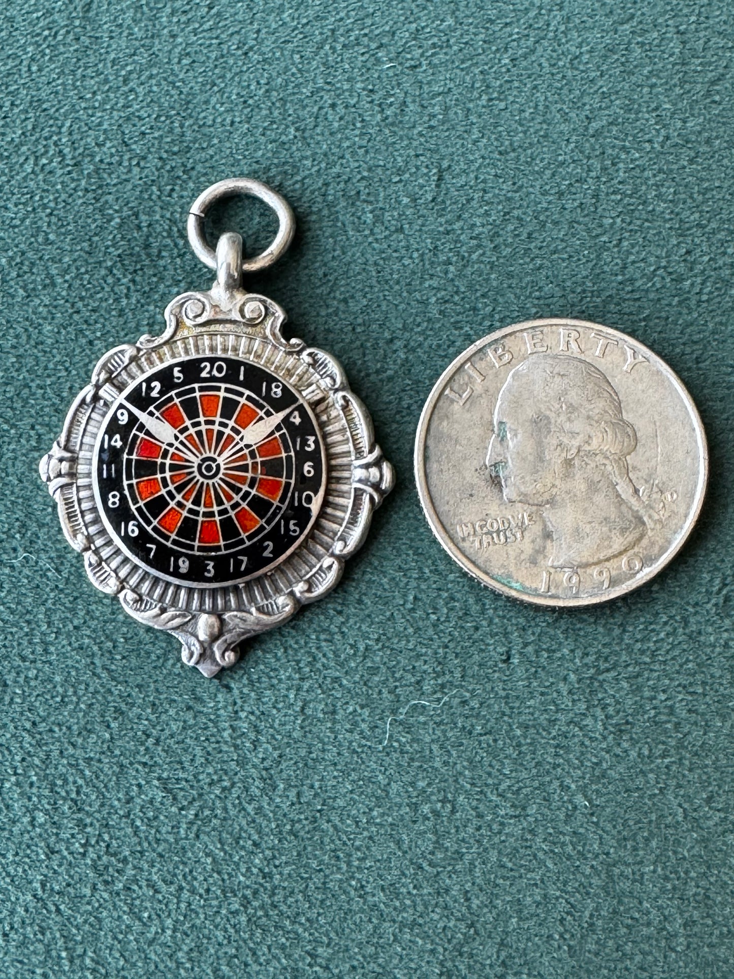 Estate Vintage 1945 Sterling Silver Enamel Dartboard Fob Medal Award Hammersmith Darts League Trophy With a Direct Line to a London Pub