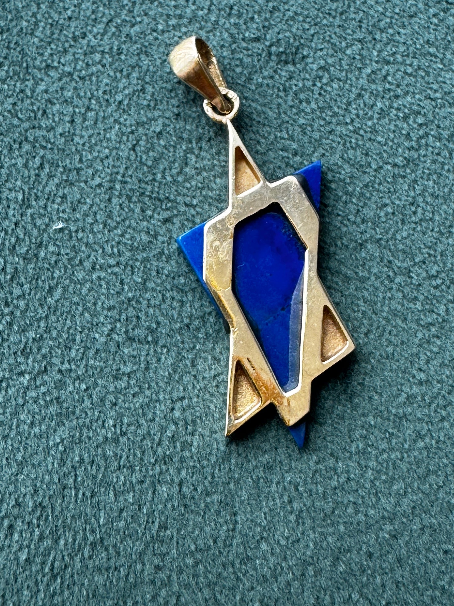 Estate 14K Gold Lapis Lazuli Star of David Pendant Modernist Judaica Two Triangles One Perfect Star