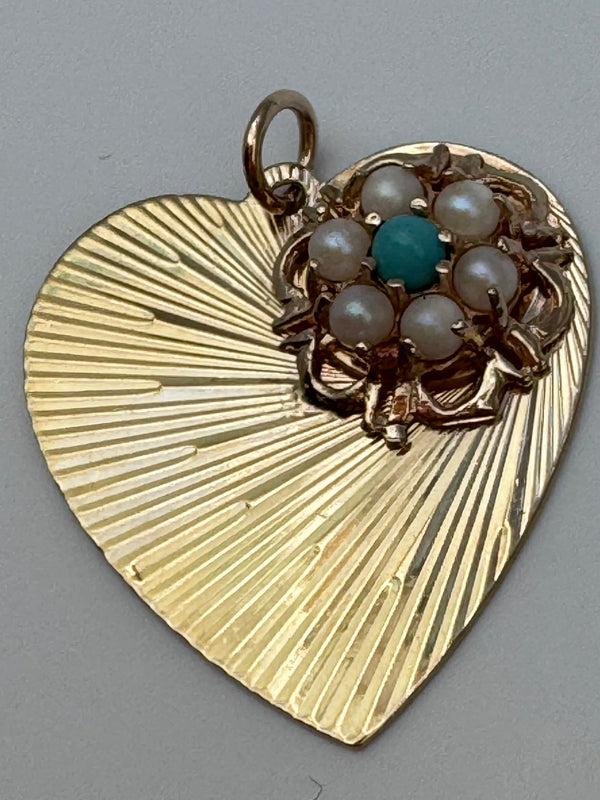 Estate vintage 14K yellow gold engine turned heart pendant with turquoise and pearl flower cluster design