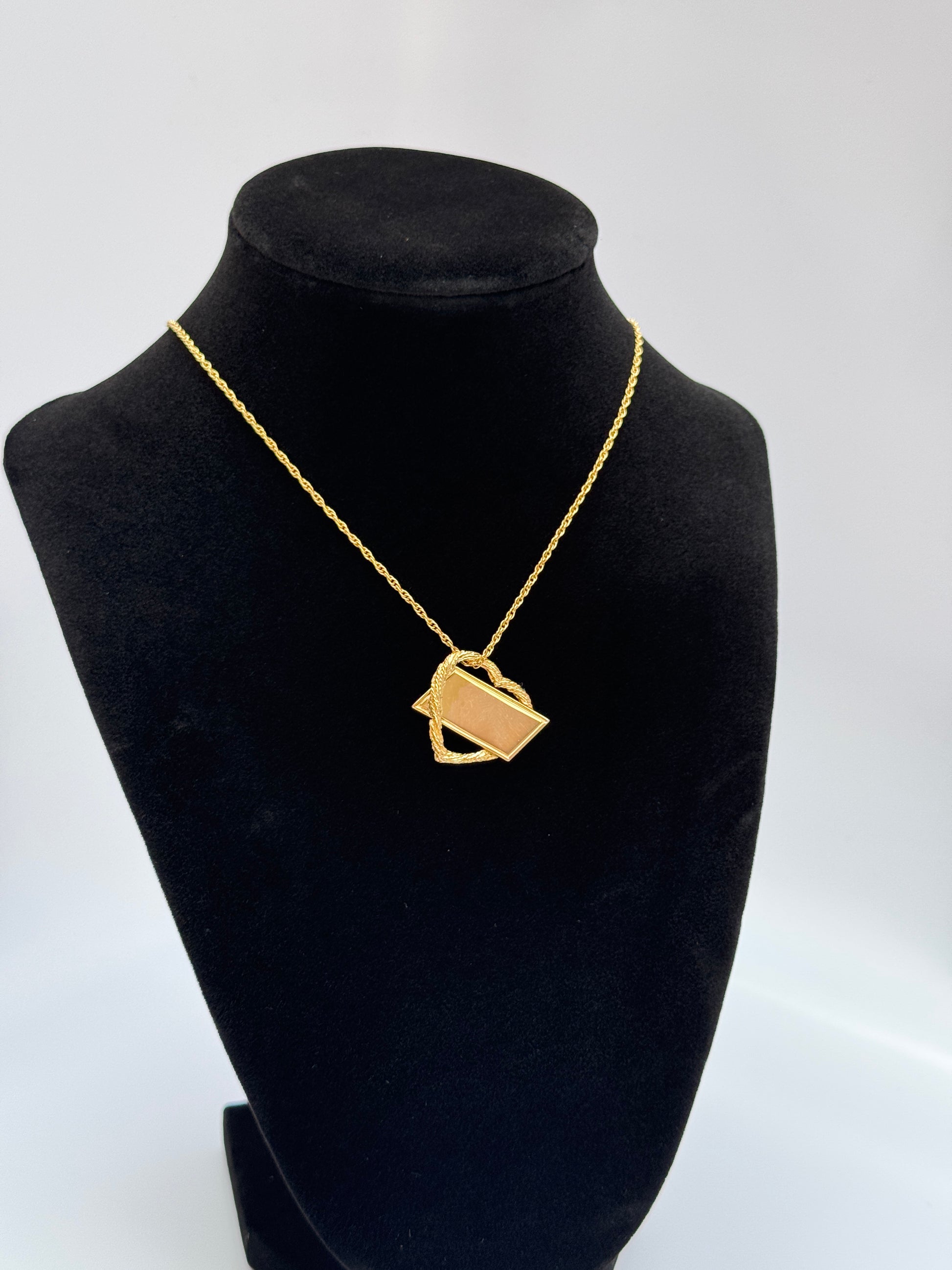 Vintage 14k gold heart-shaped rope chain pendant with gold cartouche, converted from brooch, 4.95 grams estate jewelry