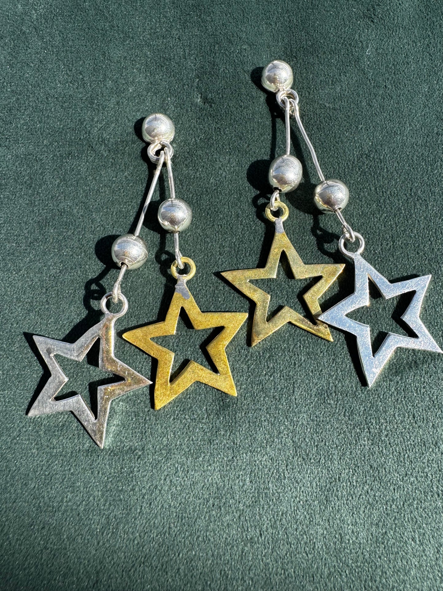 Vintage Laton Mexico Sterling Silver and Brass Double Star Dangle Earrings Mixed Metal Taxco