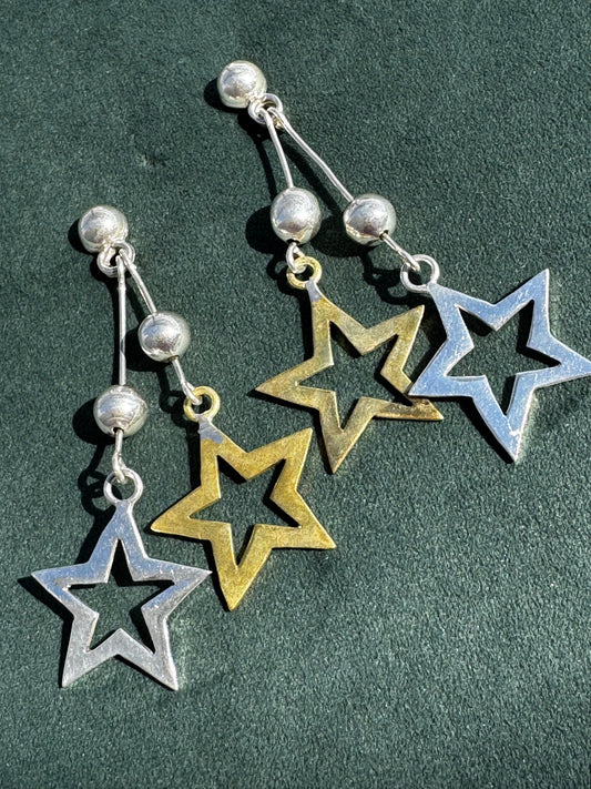 Vintage Laton Mexico Sterling Silver and Brass Double Star Dangle Earrings Mixed Metal Taxco