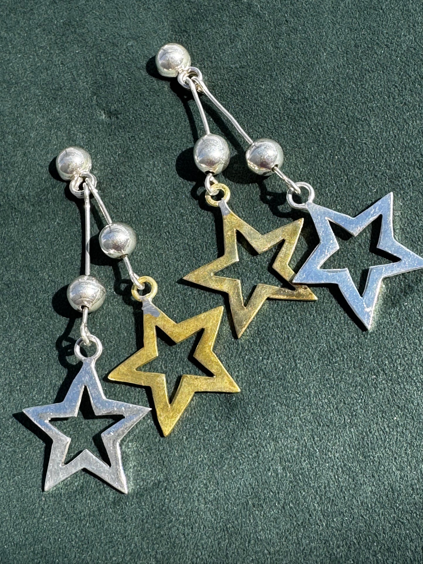Vintage Laton Mexico Sterling Silver and Brass Double Star Dangle Earrings Mixed Metal Taxco