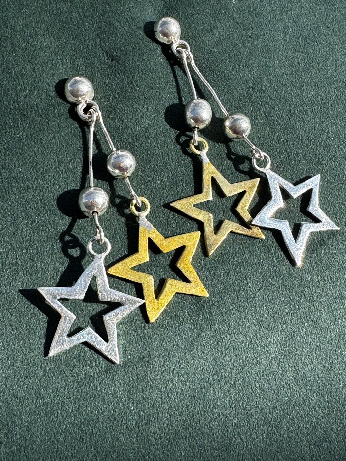 Vintage Laton Mexico Sterling Silver and Brass Double Star Dangle Earrings Mixed Metal Taxco