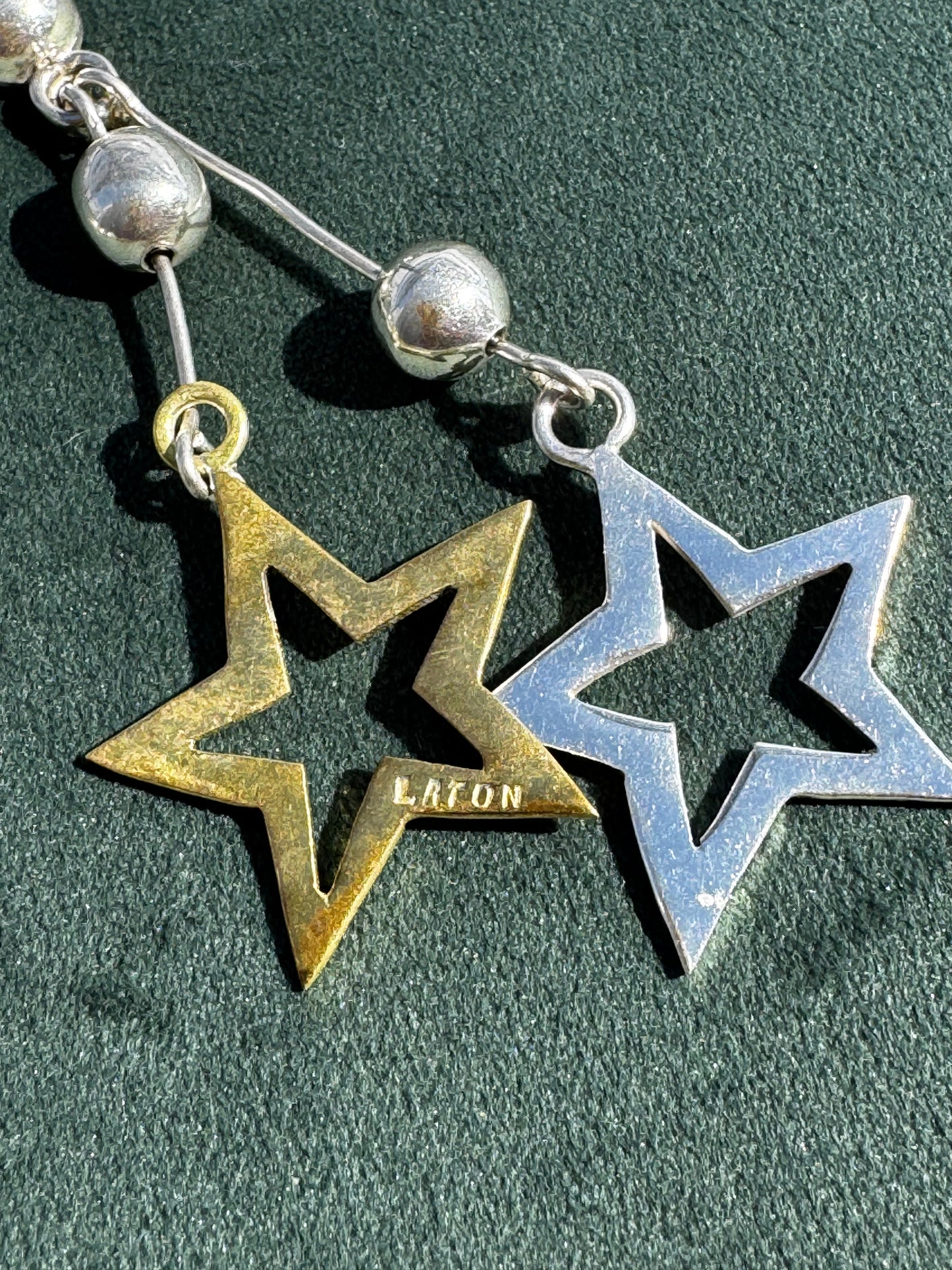 Vintage Laton Mexico Sterling Silver and Brass Double Star Dangle Earrings Mixed Metal Taxco