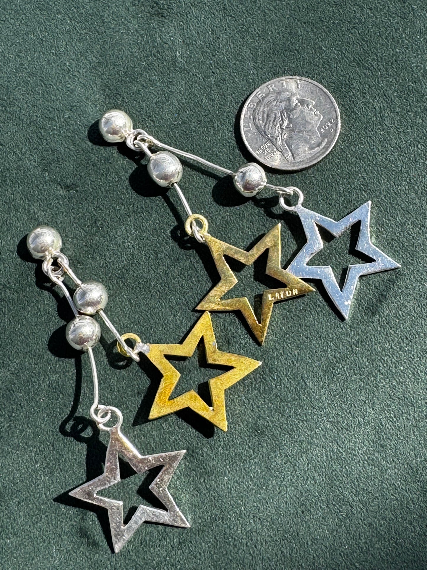 Vintage Laton Mexico Sterling Silver and Brass Double Star Dangle Earrings Mixed Metal Taxco