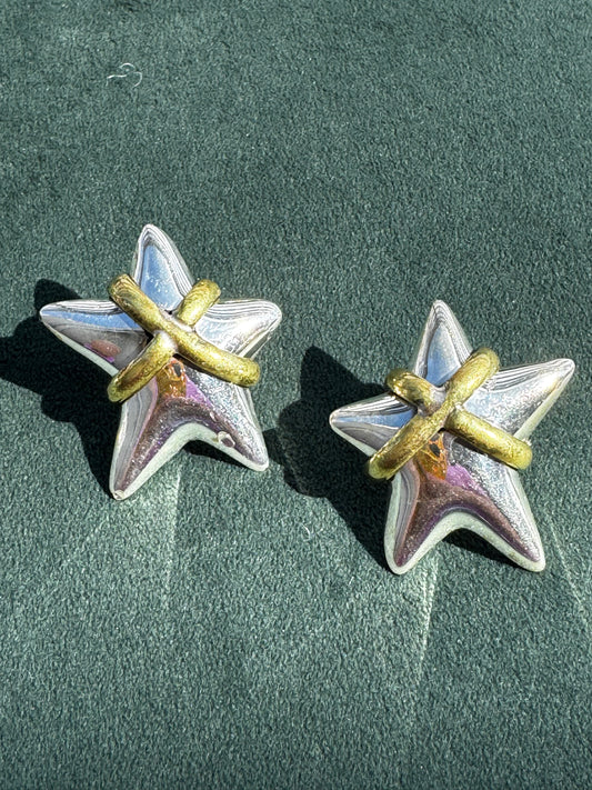 Estate Mexico 925 Sterling Silver and Brass Two-Tone Puffy Star Earrings Large Statement Studs 13.89g
