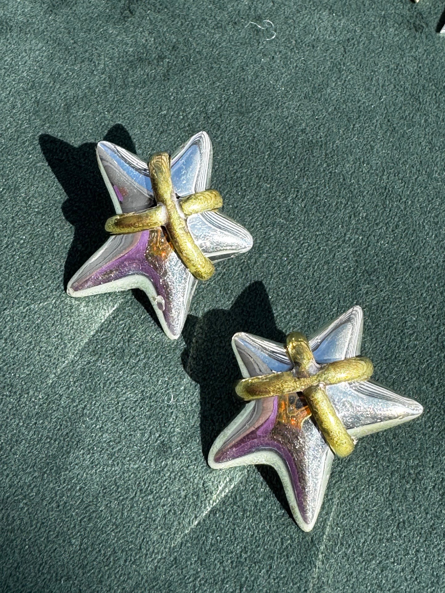 Estate Mexico 925 Sterling Silver and Brass Two-Tone Puffy Star Earrings Large Statement Studs 13.89g
