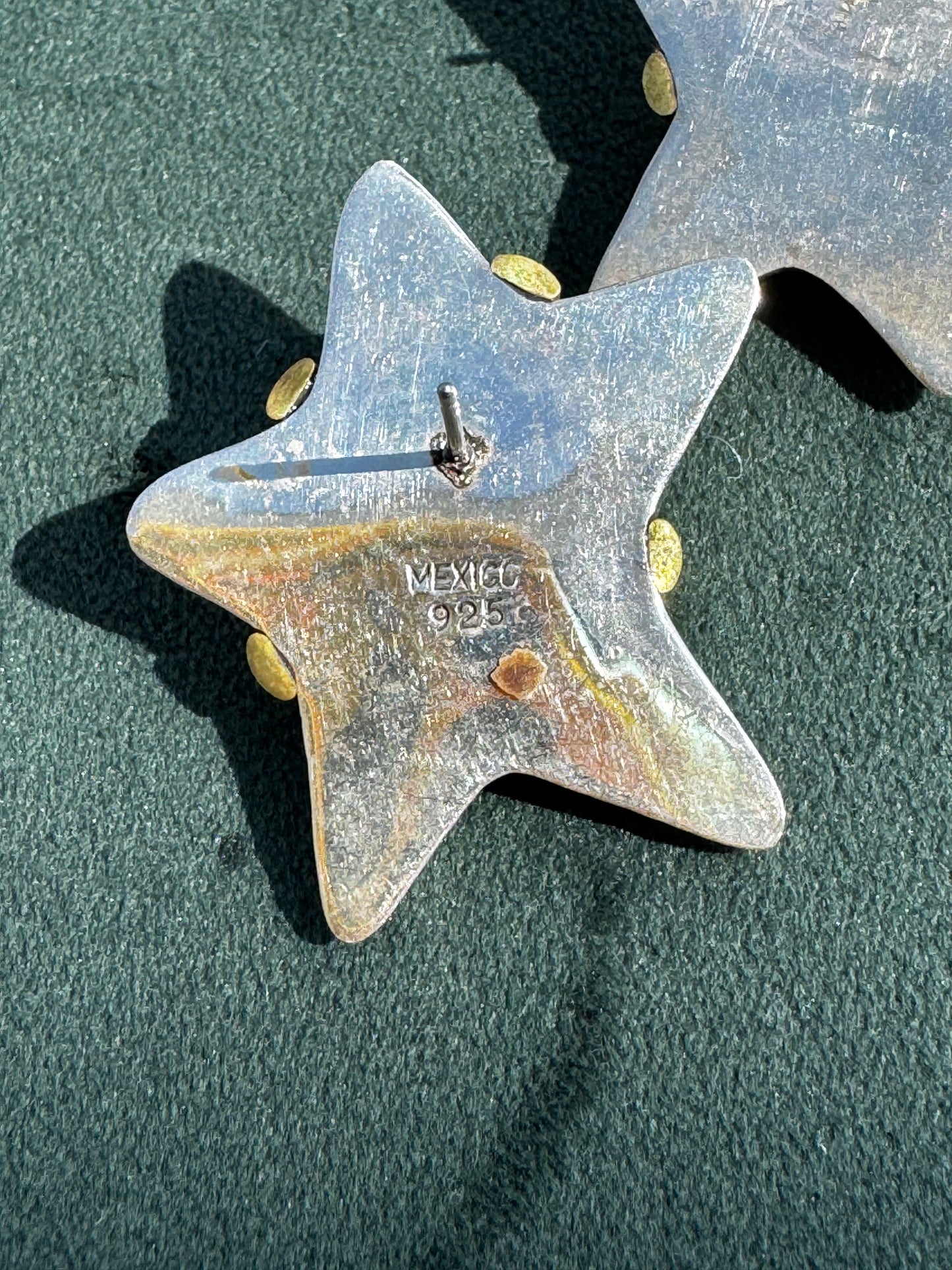 Estate Mexico 925 Sterling Silver and Brass Two-Tone Puffy Star Earrings Large Statement Studs 13.89g