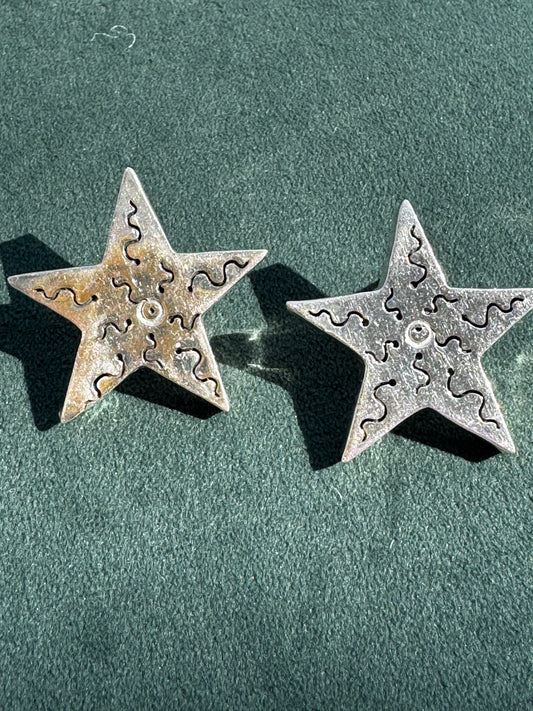 Vintage Sterling Silver Shadow Box Star Stud Earrings Squiggle Cutout Detail 1990s Memphis Style