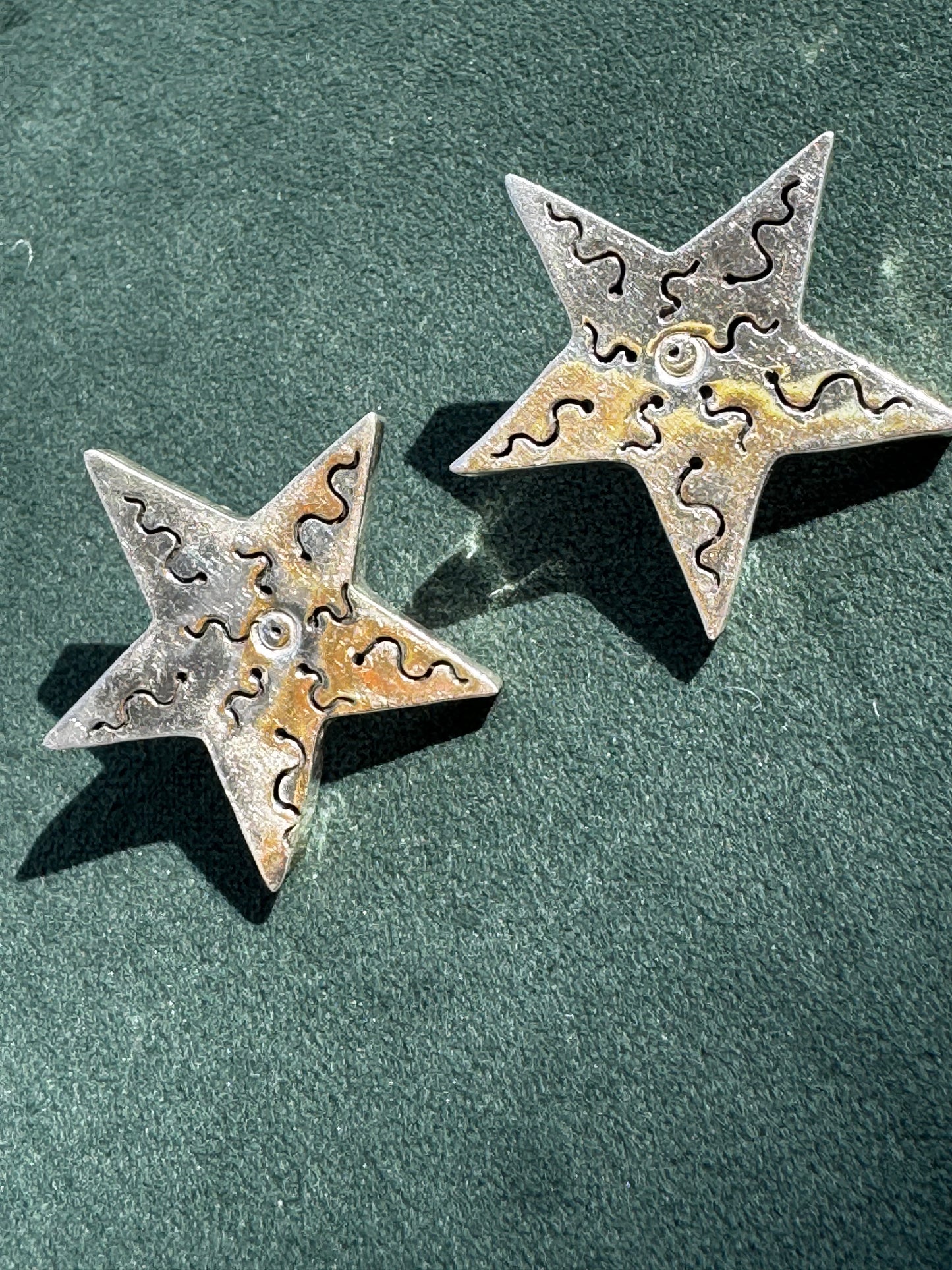 Vintage Sterling Silver Shadow Box Star Stud Earrings Squiggle Cutout Detail 1990s Memphis Style