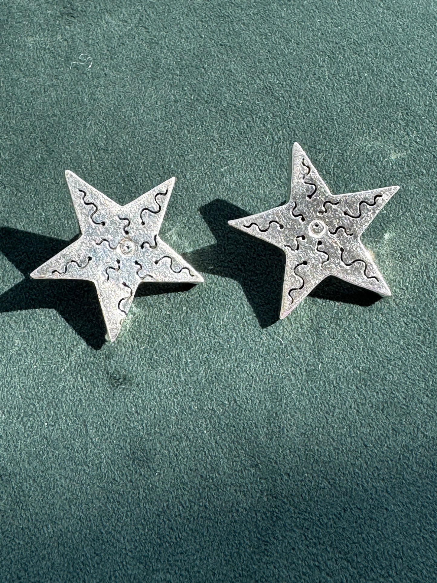 Vintage Sterling Silver Shadow Box Star Stud Earrings Squiggle Cutout Detail 1990s Memphis Style