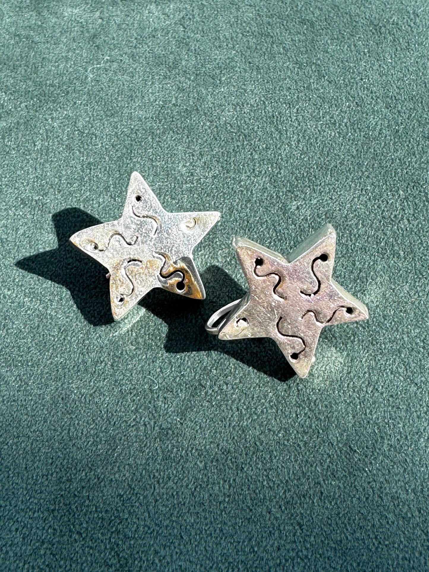 Vintage Mexico Sterling Silver Star Earrings Squiggles and Smiles 1990s