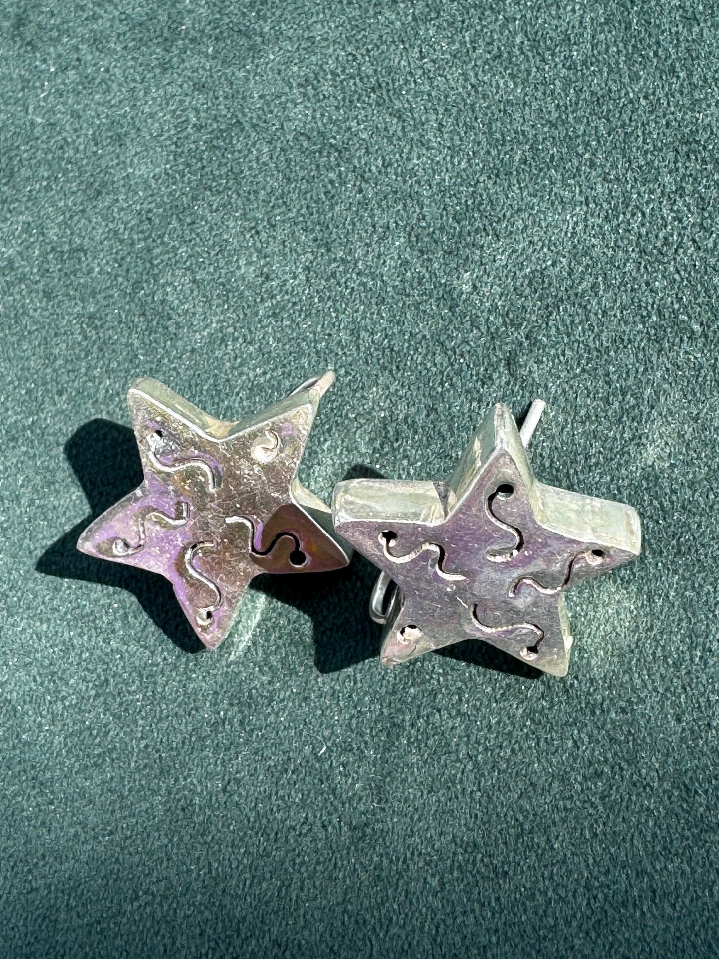 Vintage Mexico Sterling Silver Star Earrings Squiggles and Smiles 1990s