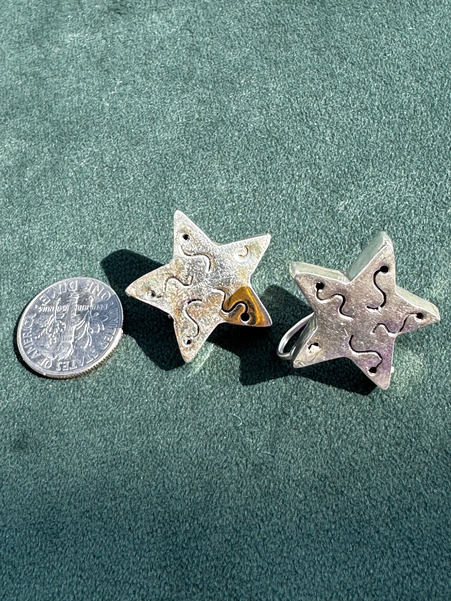 Vintage Mexico Sterling Silver Star Earrings Squiggles and Smiles 1990s