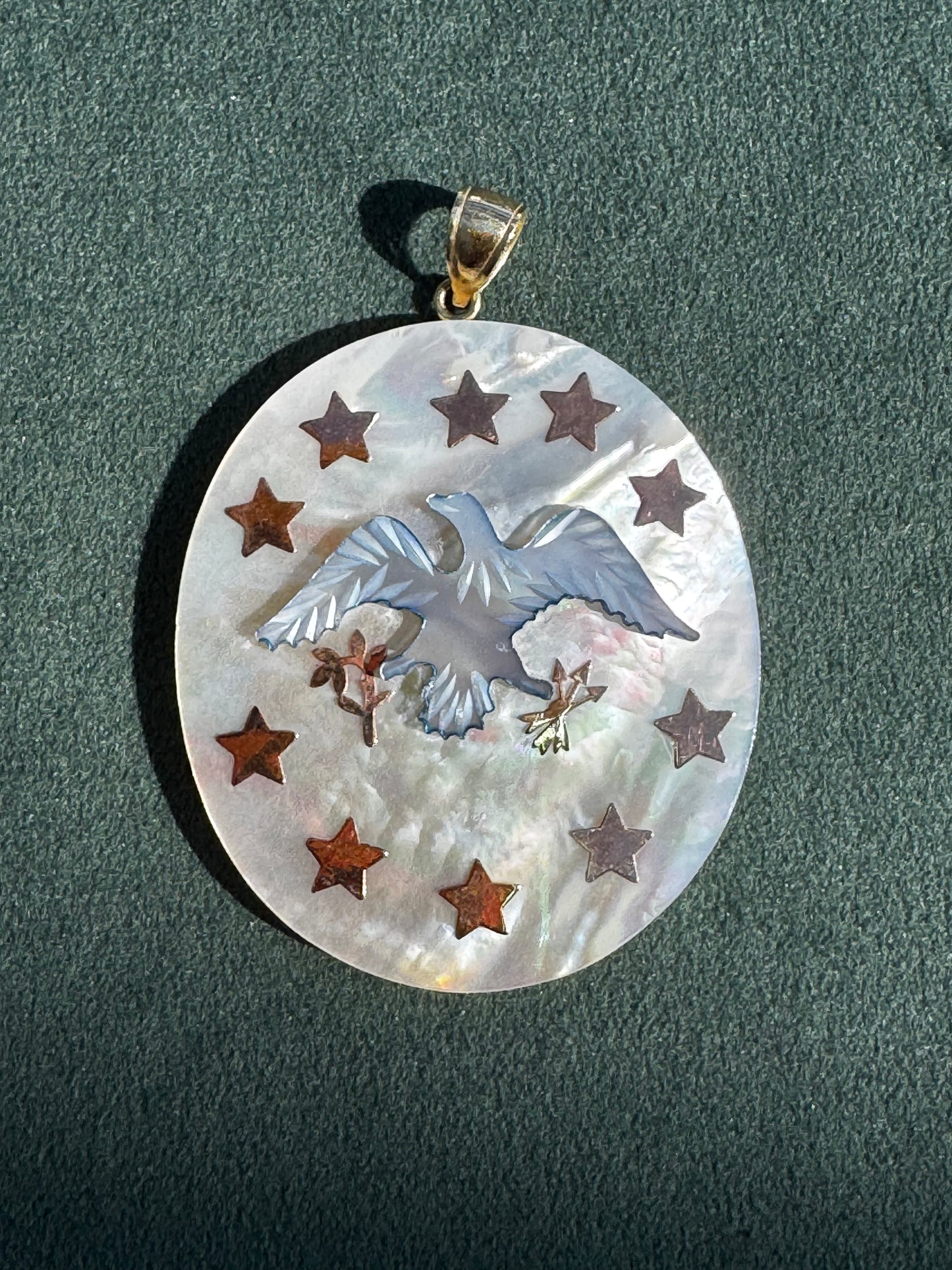 14K Gold and Mother of Pearl Eagle and Stars Pendant Patriotic Fine Jewelry 250th Anniversary