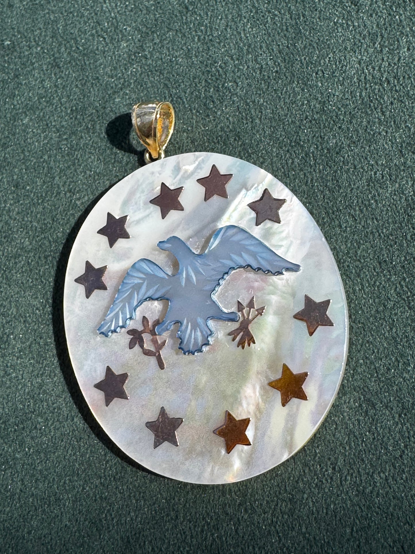14K Gold and Mother of Pearl Eagle and Stars Pendant Patriotic Fine Jewelry 250th Anniversary