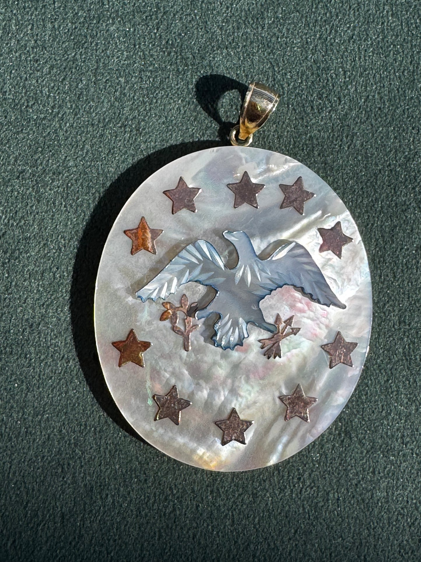 14K Gold and Mother of Pearl Eagle and Stars Pendant Patriotic Fine Jewelry 250th Anniversary