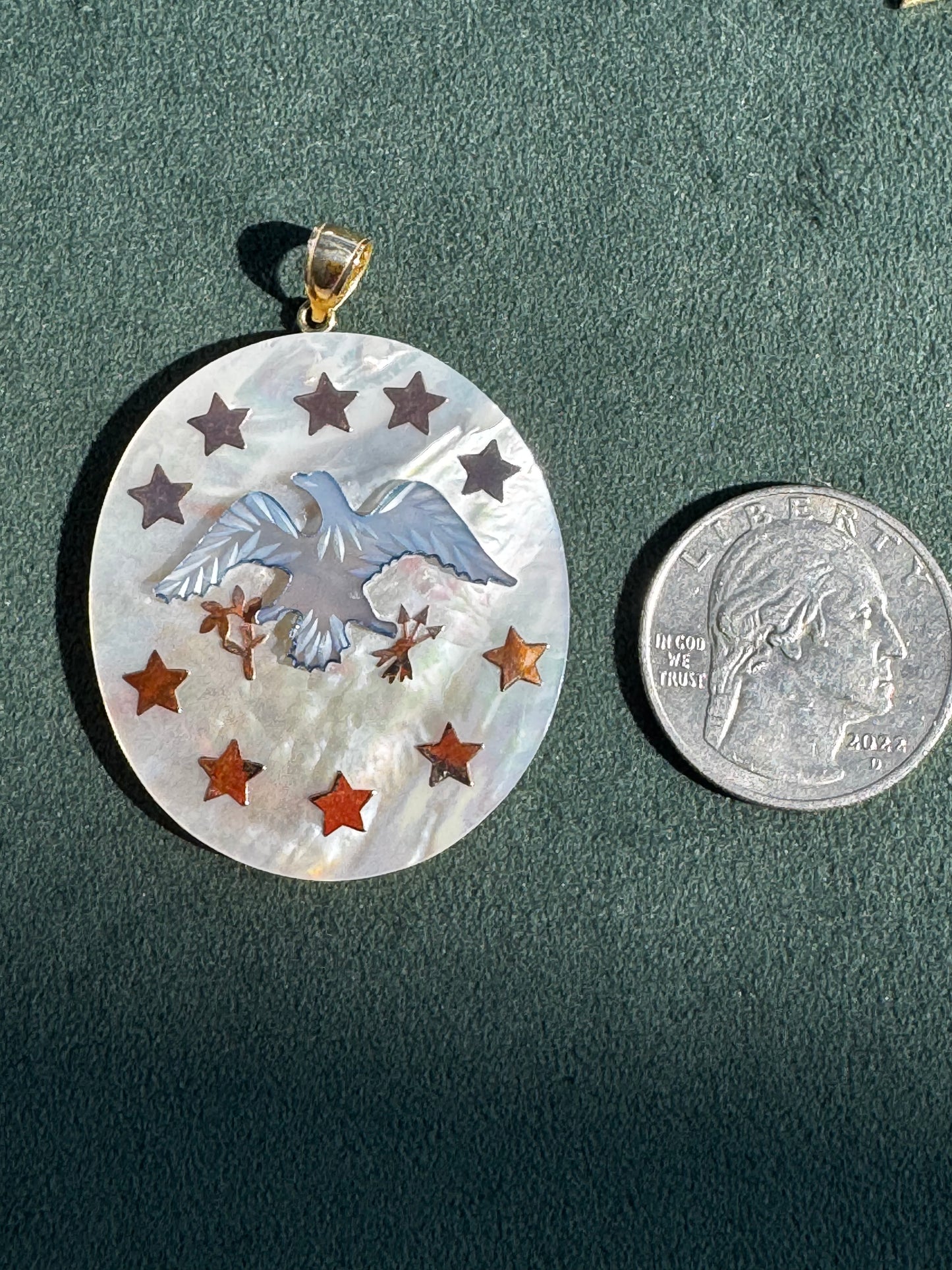 14K Gold and Mother of Pearl Eagle and Stars Pendant Patriotic Fine Jewelry 250th Anniversary