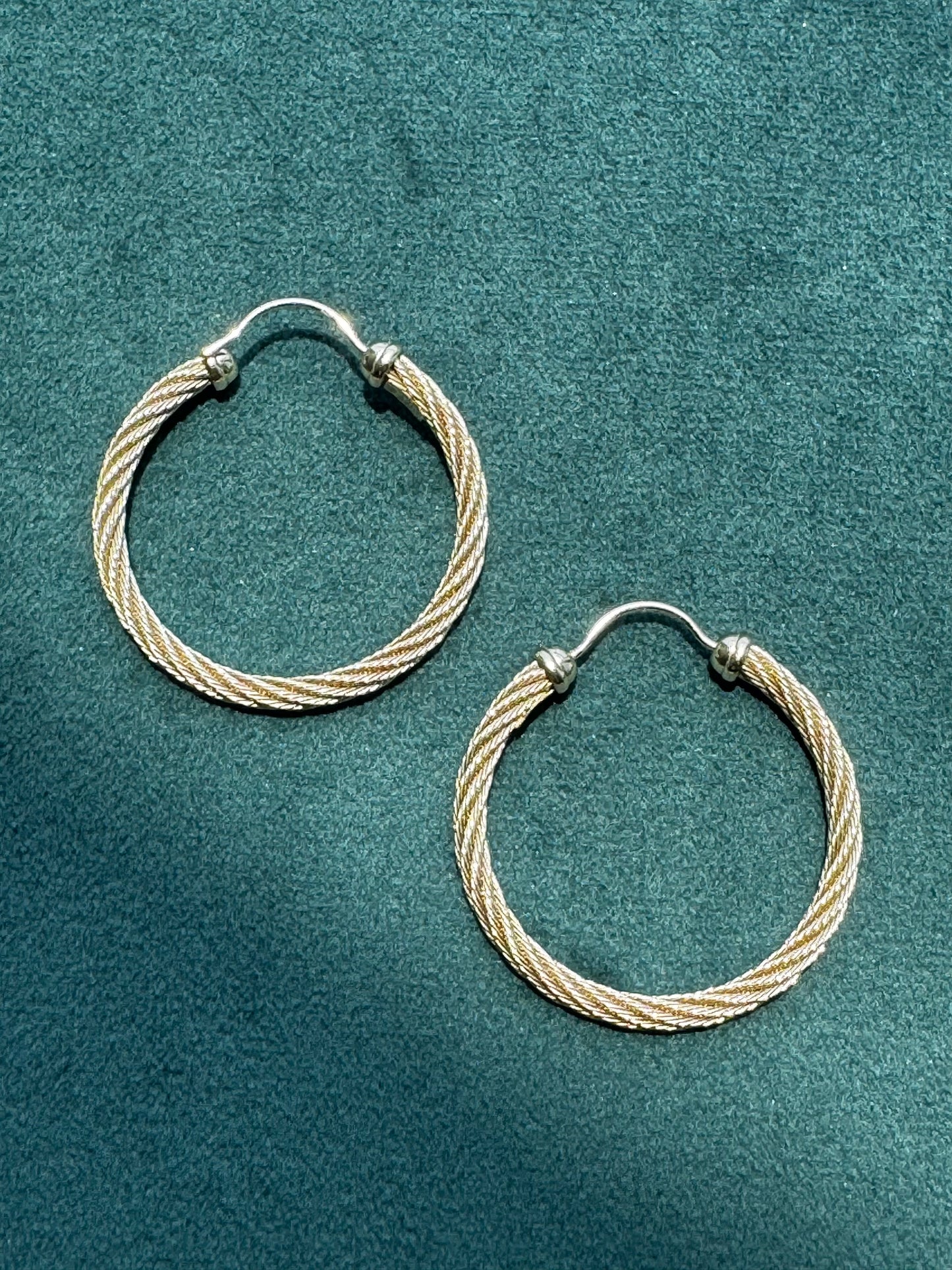 Estate 14K Yellow Gold Solid Twisted Cable Rope Hoop Earrings 2 Inch Ball Point Latch Closure 5.4g