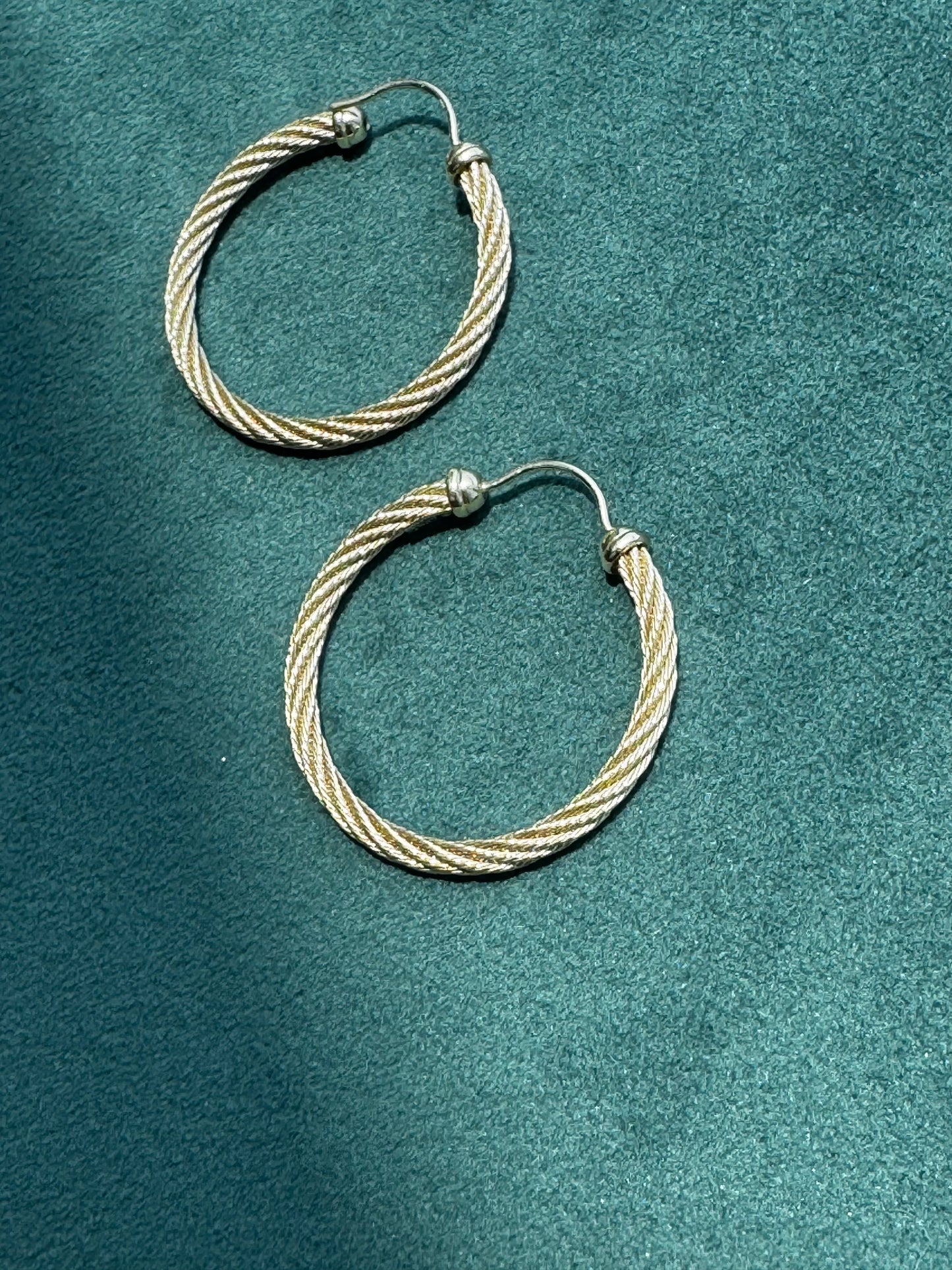 Estate 14K Yellow Gold Solid Twisted Cable Rope Hoop Earrings 2 Inch Ball Point Latch Closure 5.4g
