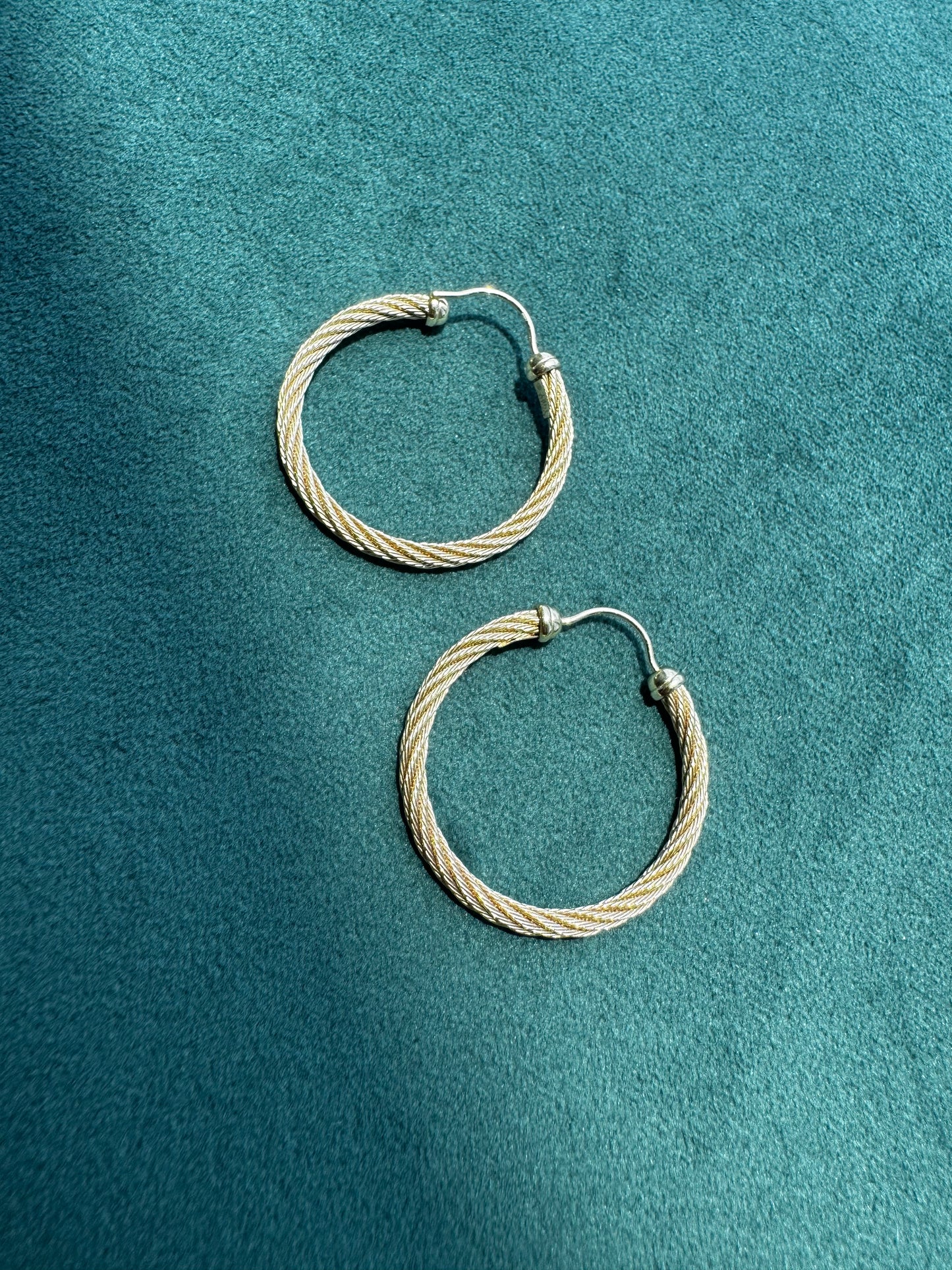 Estate 14K Yellow Gold Solid Twisted Cable Rope Hoop Earrings 2 Inch Ball Point Latch Closure 5.4g