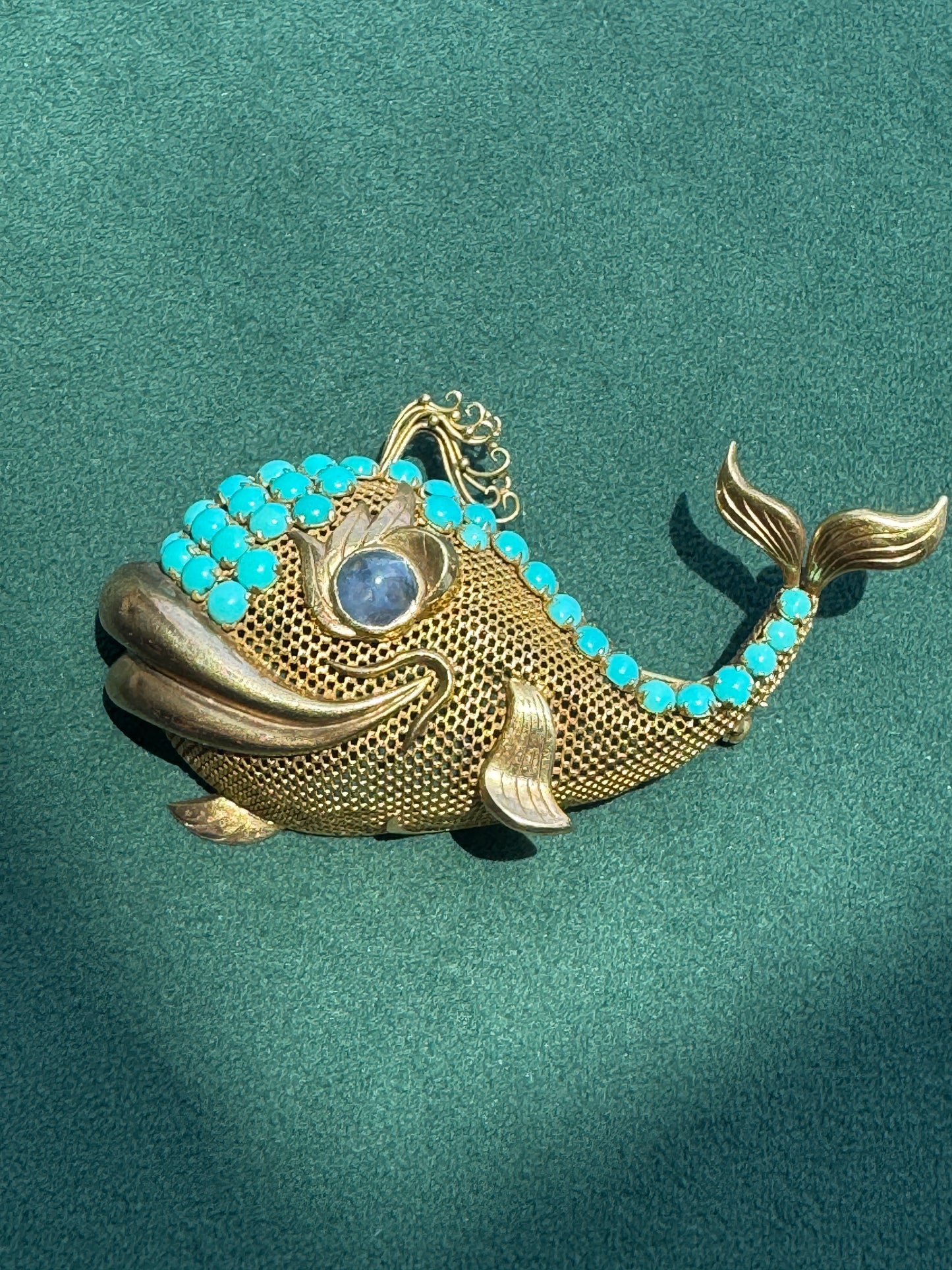 Estate Vintage Mid Century 14K Gold Figural Whale Brooch With Turquoise and a Sapphire Eye Two and a Half Inches of Pure Mermaid Life