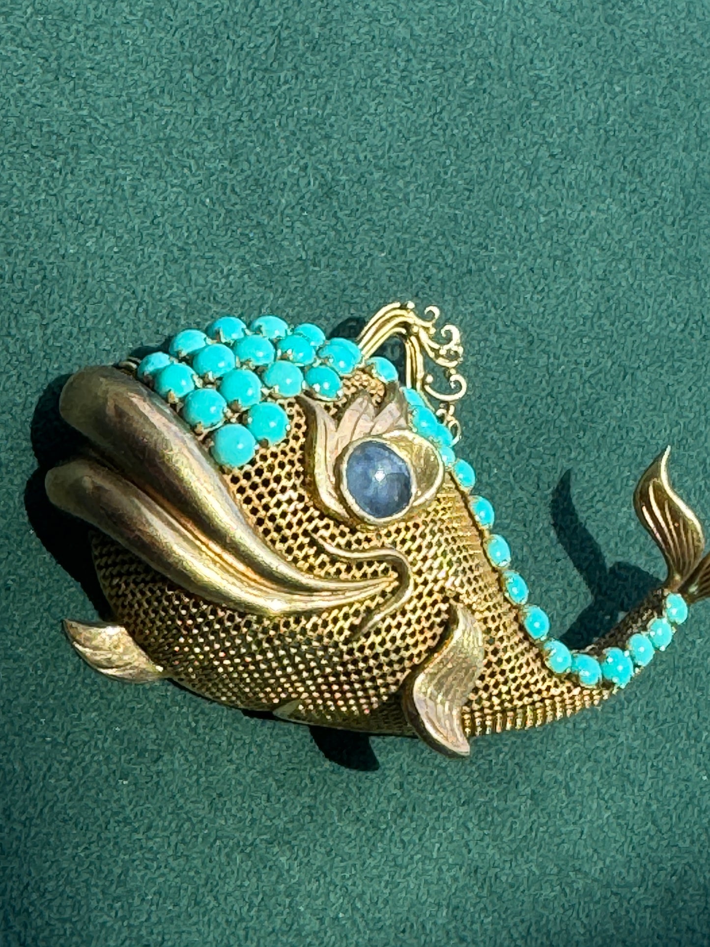 Estate Vintage Mid Century 14K Gold Figural Whale Brooch With Turquoise and a Sapphire Eye Two and a Half Inches of Pure Mermaid Life