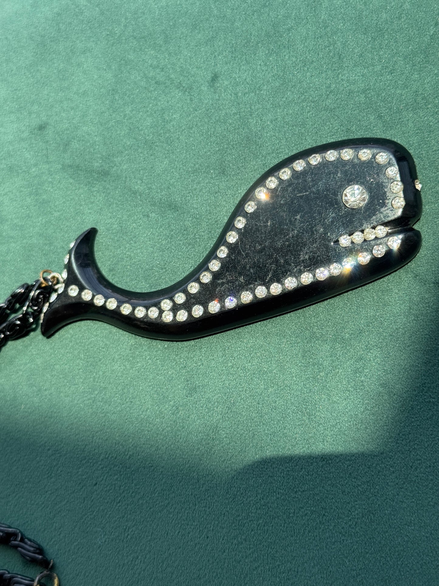 Vintage European Black Plastic Rhinestone Figural Sea Creature Pendant Necklace 40 Inch Rhinestone Chain Buch Deichmann Style