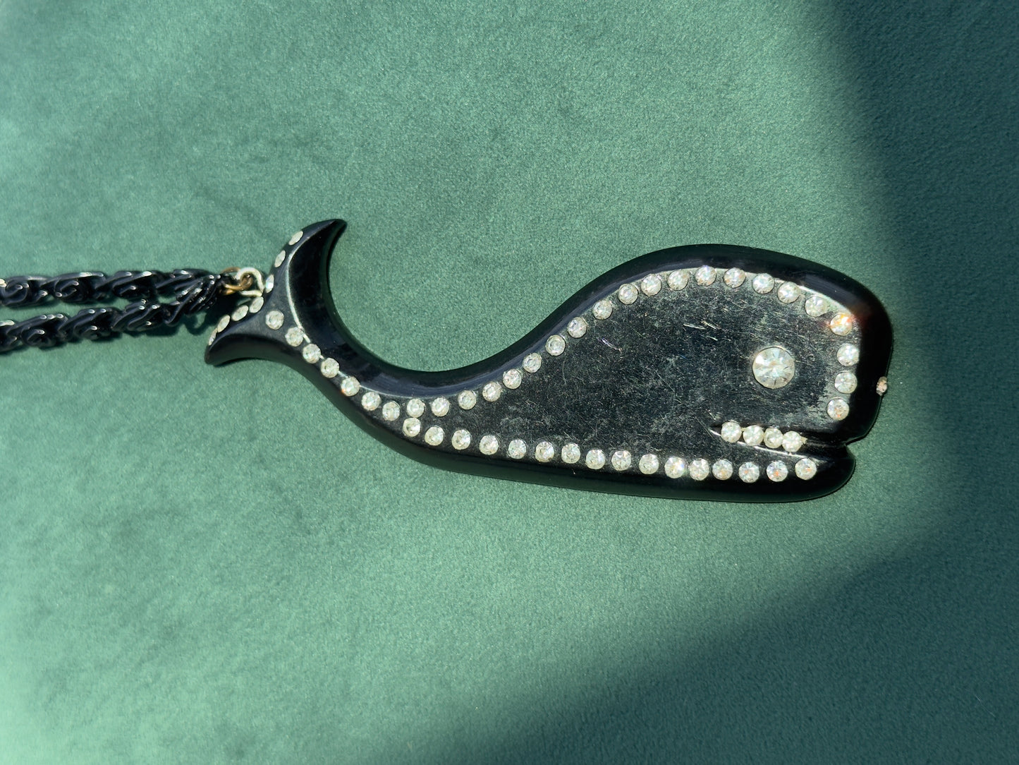 Vintage European Black Plastic Rhinestone Figural Sea Creature Pendant Necklace 40 Inch Rhinestone Chain Buch Deichmann Style